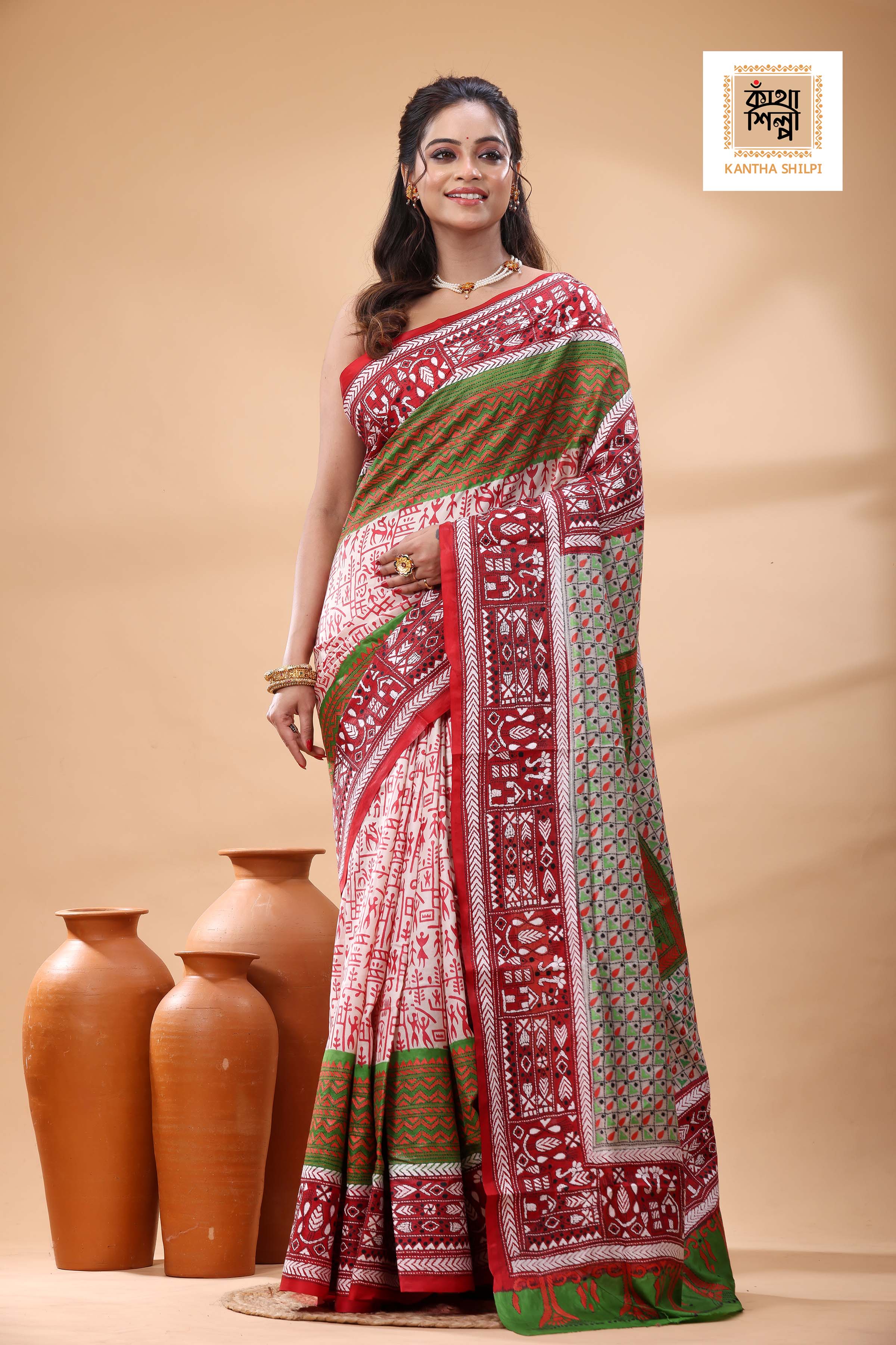 Multicolor Dye Pure Bangalore Silk Multicolor Thread Work Kantha Stitch Saree