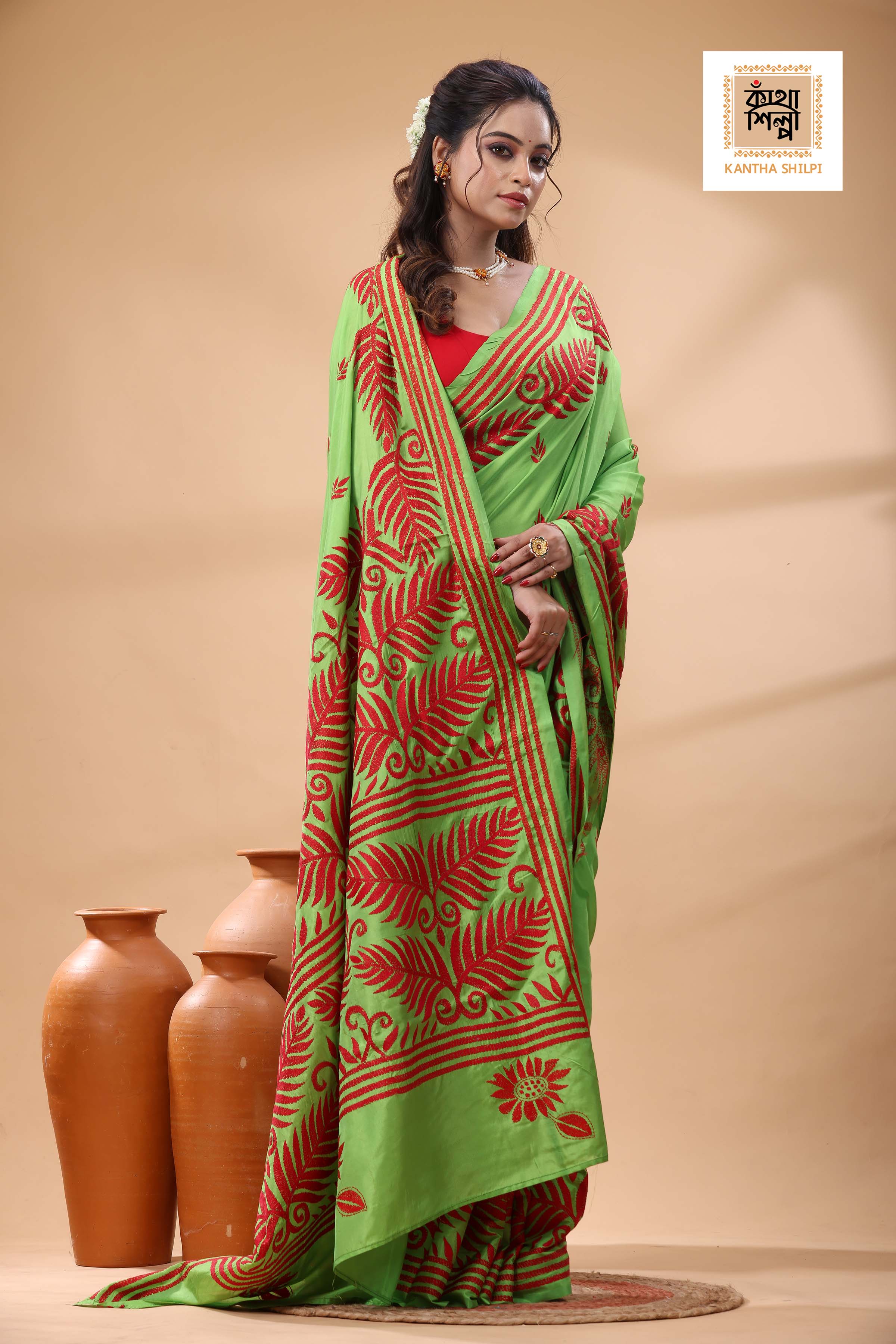 Green Color Bangalore Silk Red Color Thread Work Kantha Stitch Saree