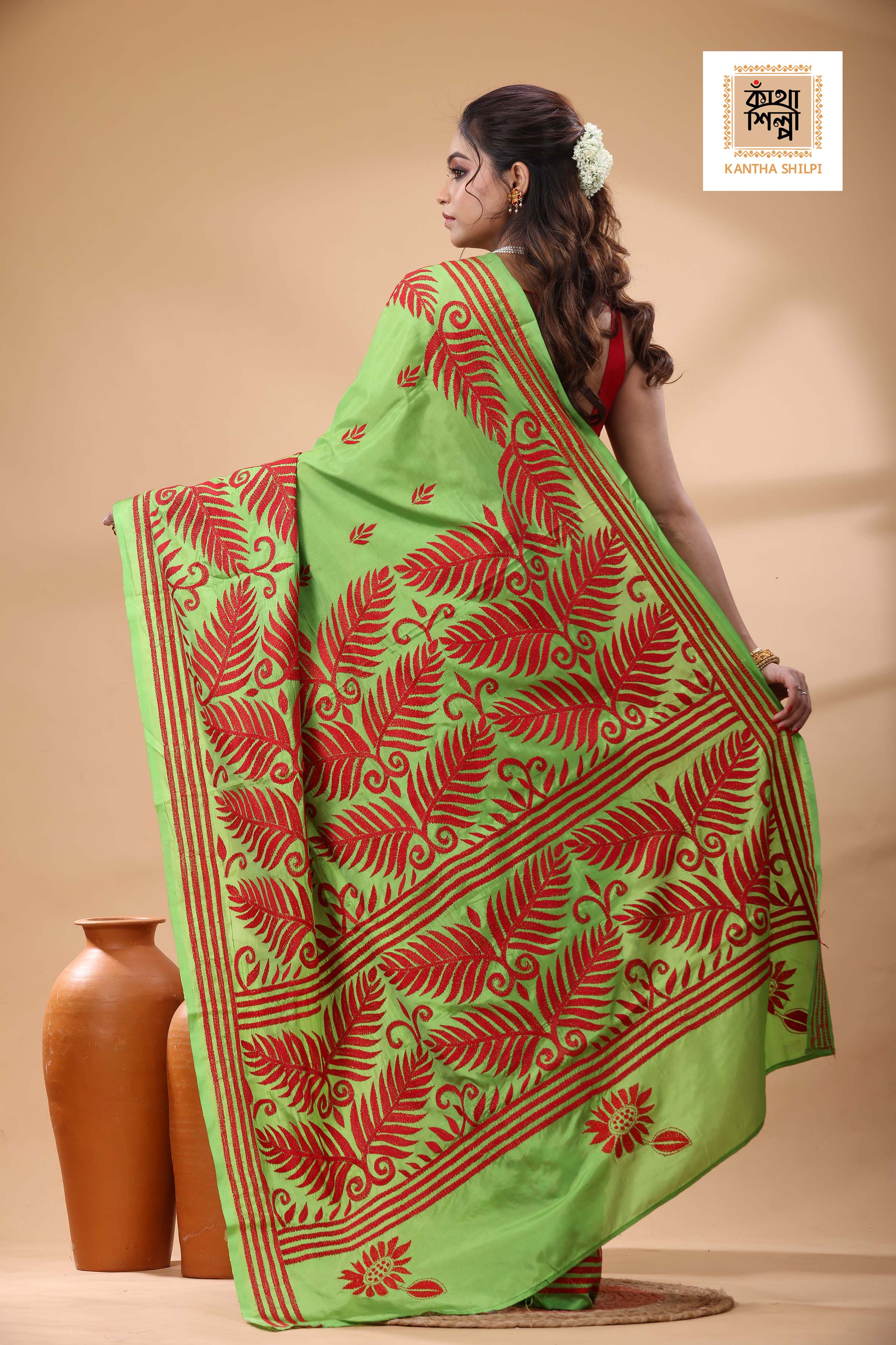 Green Color Bangalore Silk Red Color Thread Work Kantha Stitch Saree
