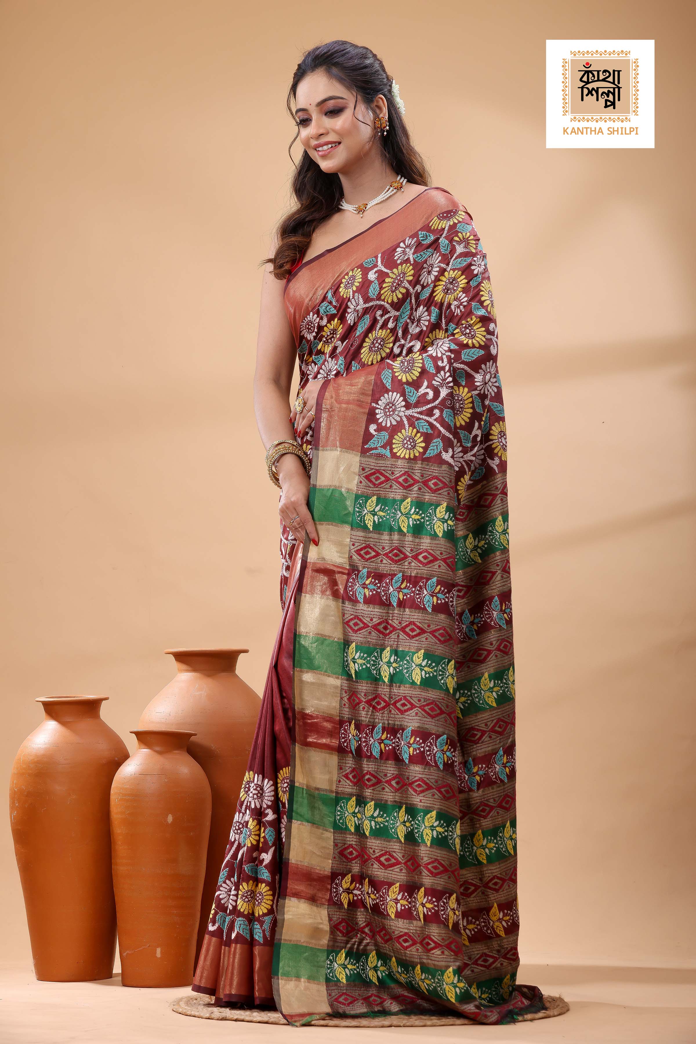 Bishnupuri (Katan) Silk Kantha Stitch Saree
