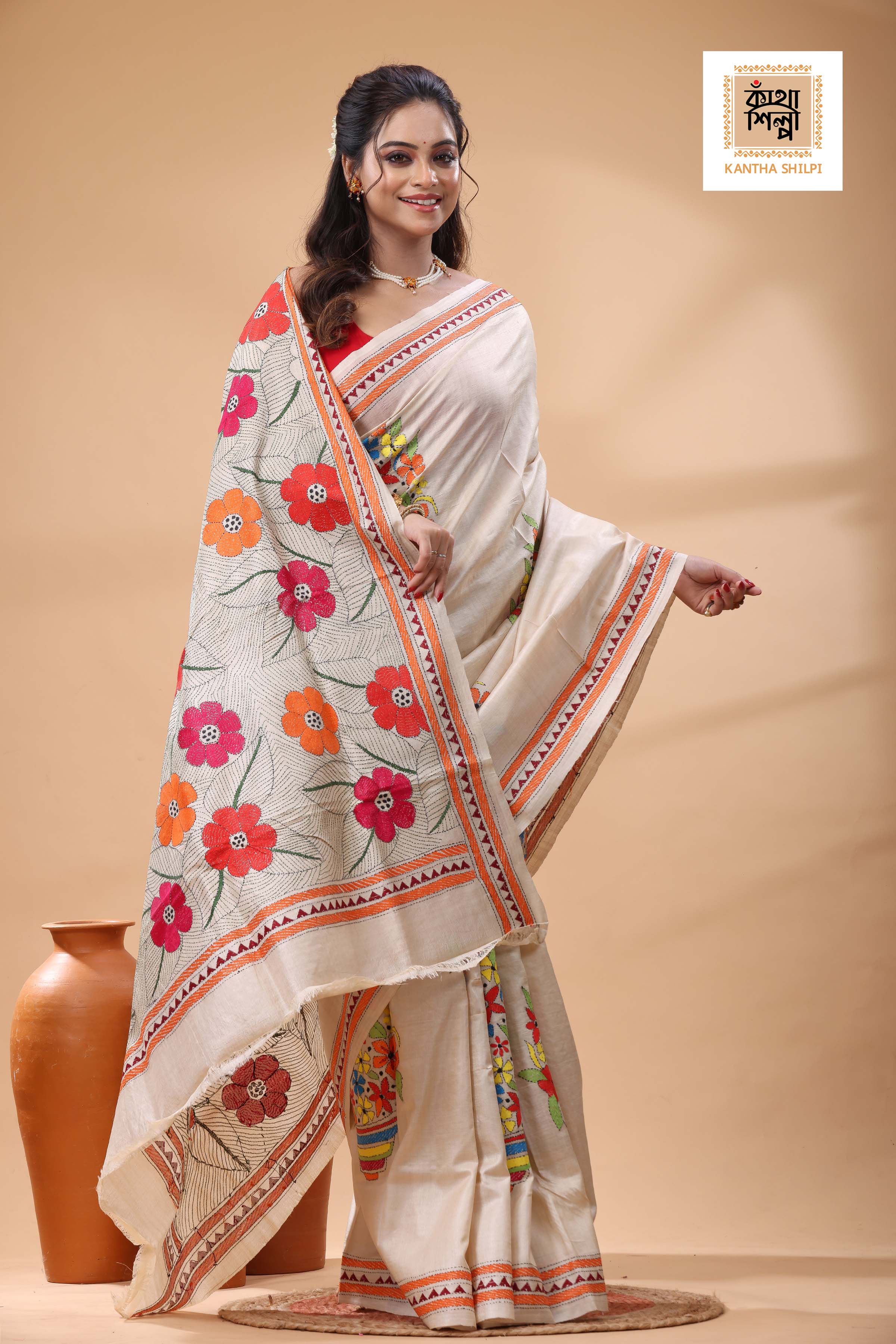Pure Gachi Tussar Multicolor Thread Work Kantha Stitch Saree