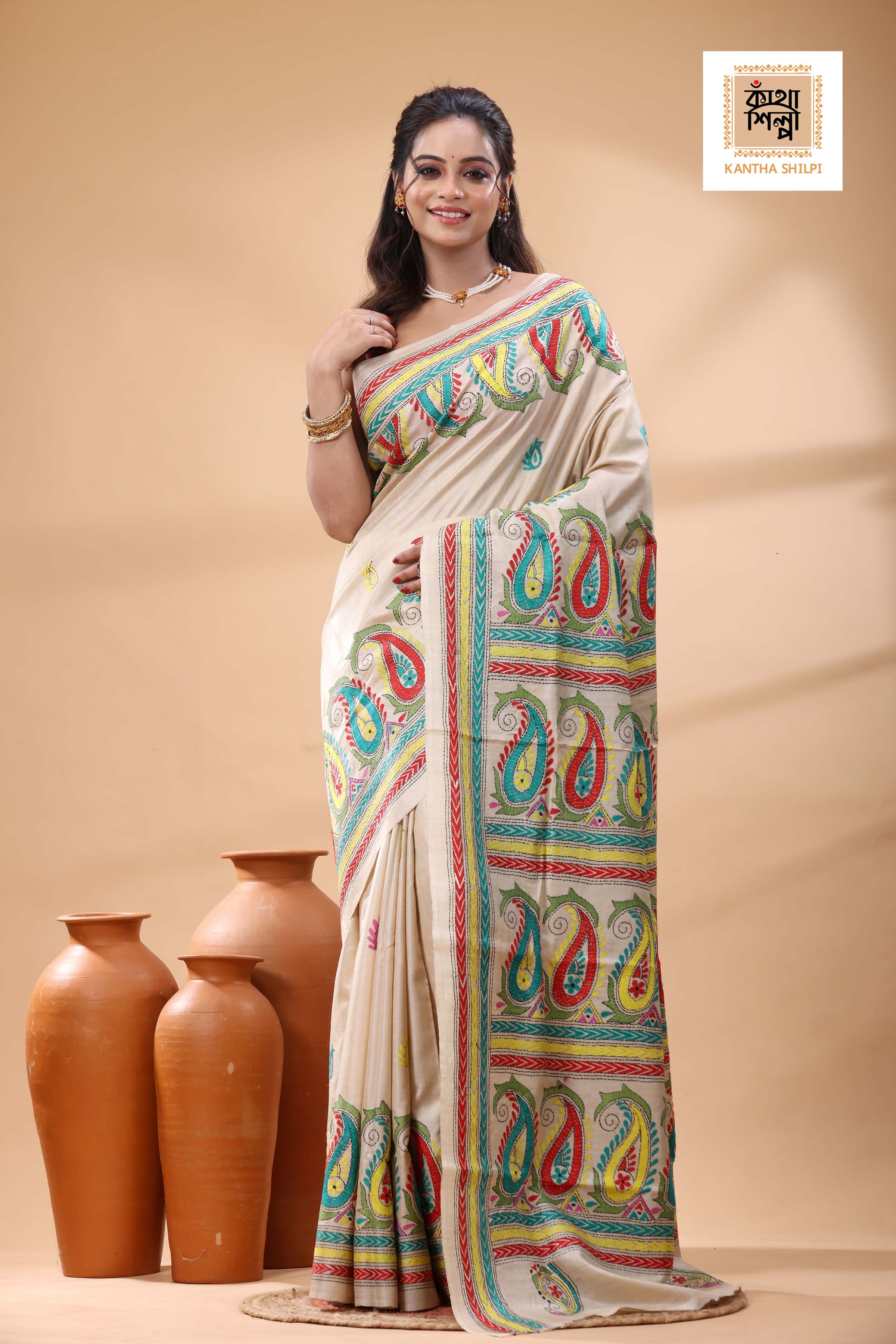 Pure Gachi Tussar Multicolor Thread Work Kantha Stitch Saree