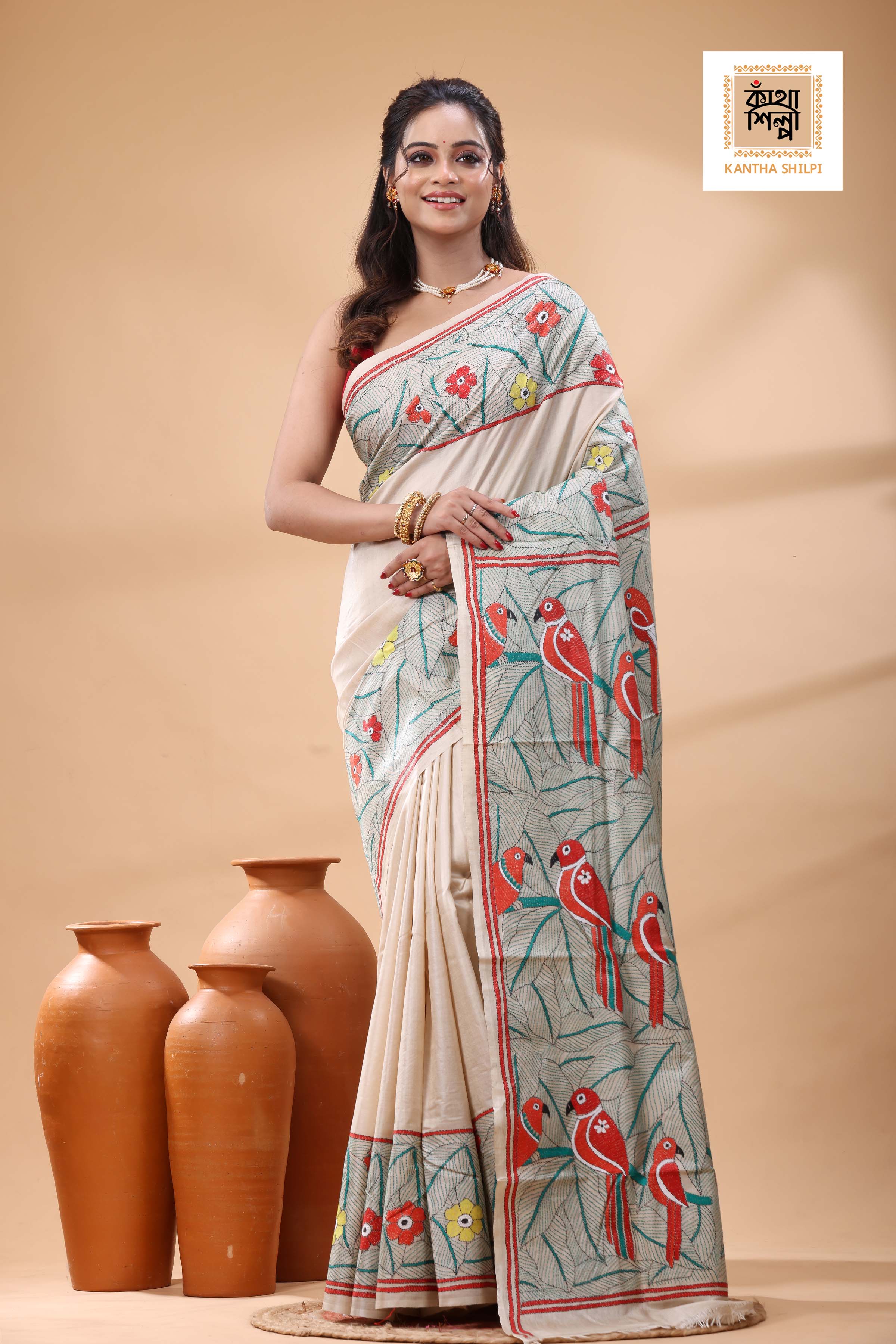 Pure Gachi Tussar Multicolor Thread Work Kantha Stitch Saree