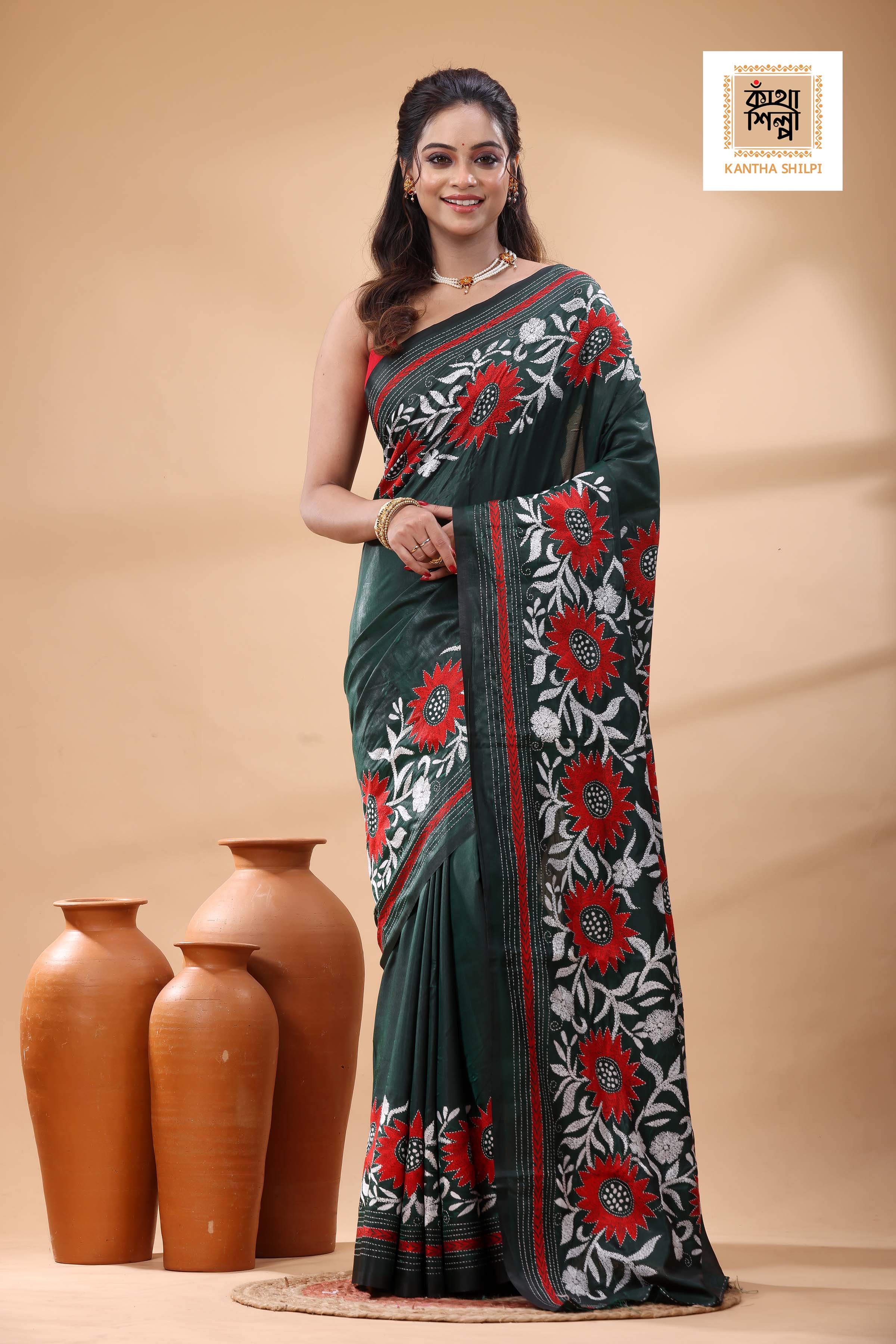 Green Color Bangalore Silk White Red Color Thread Work Kantha Stitch Saree