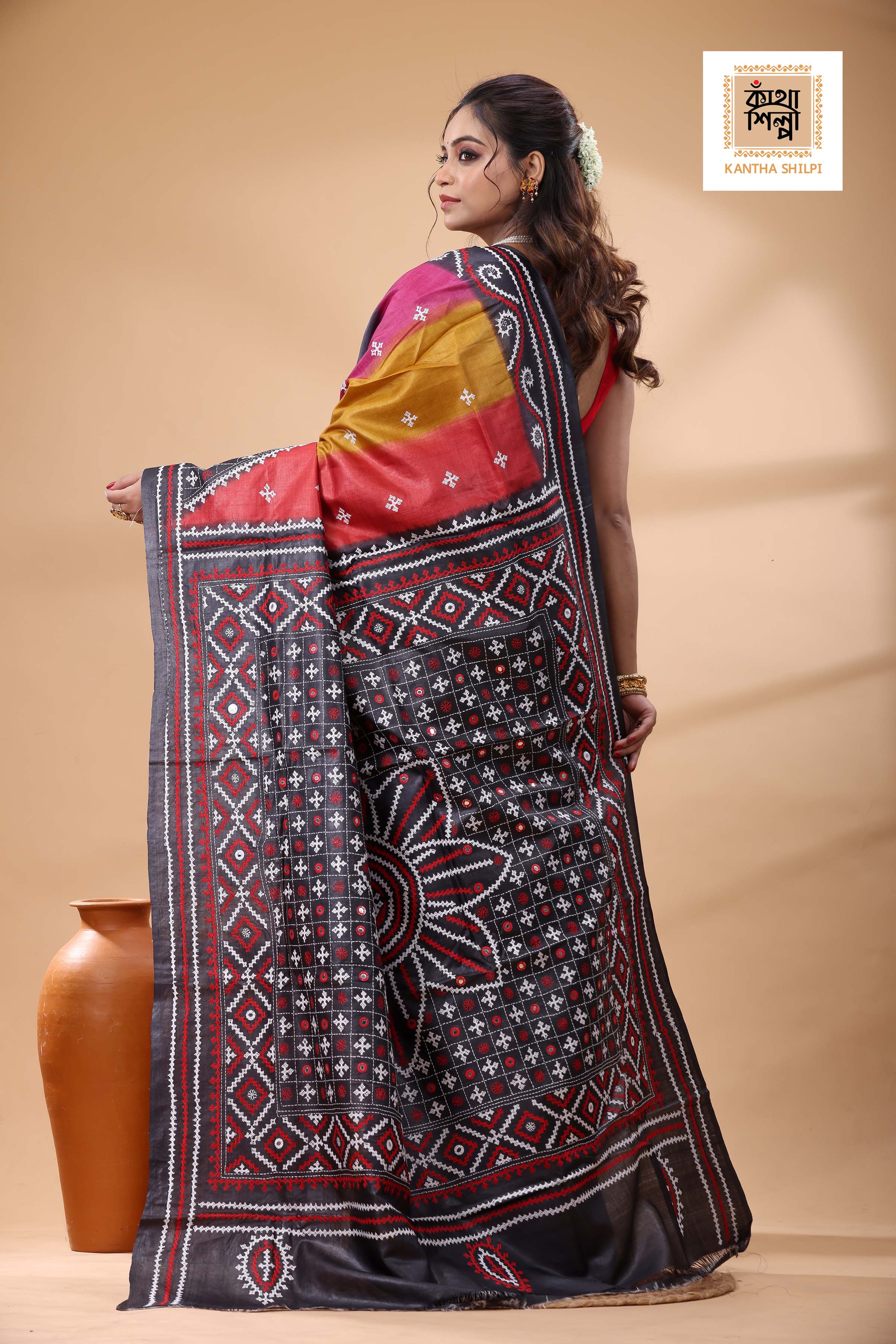 Pure Gachi Tussar Multicolor Dye And Red White Thread Work Gujrati Stitch Saree