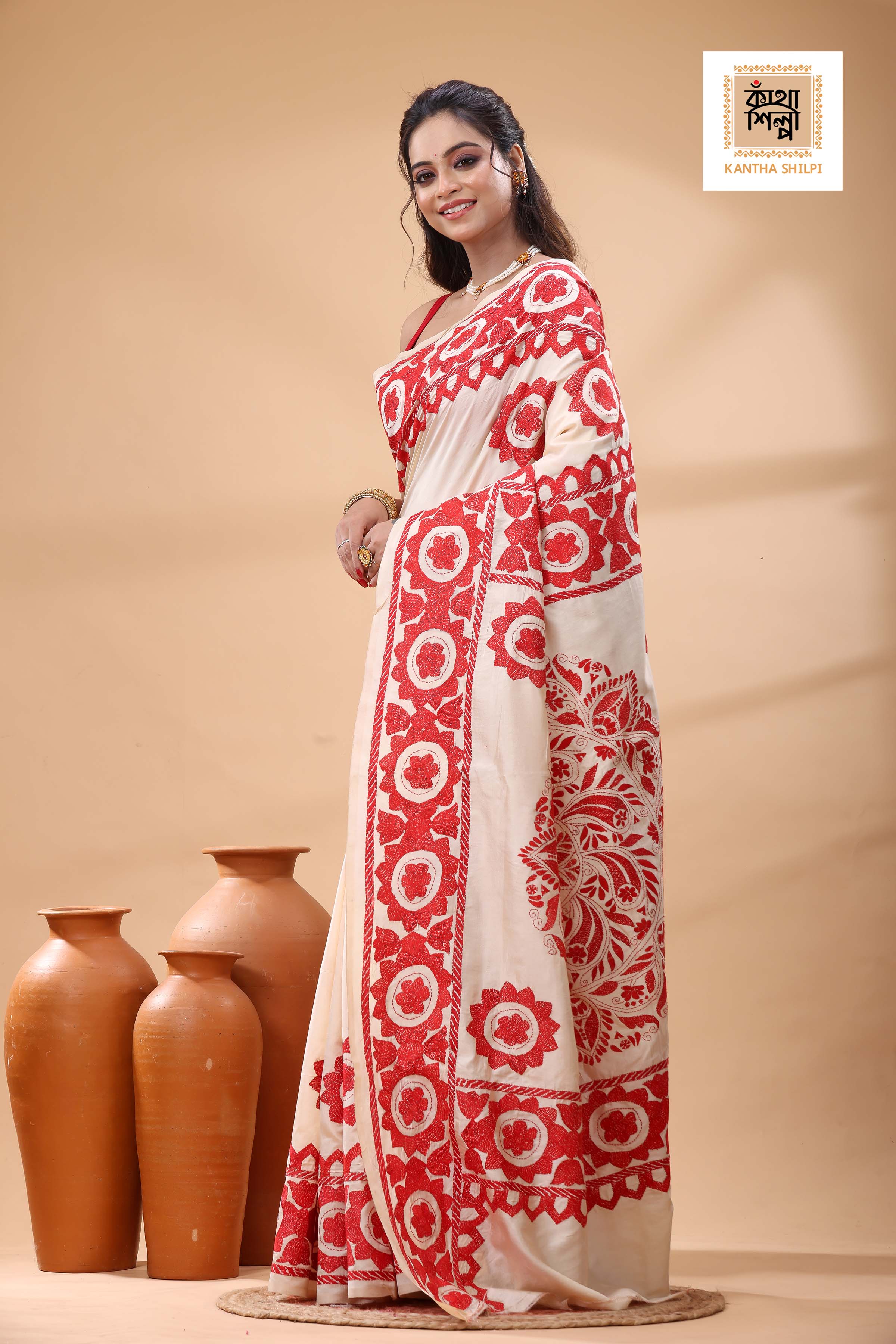 Off White Tussar Silk Red Color Thread Work Kantha Stitch Saree