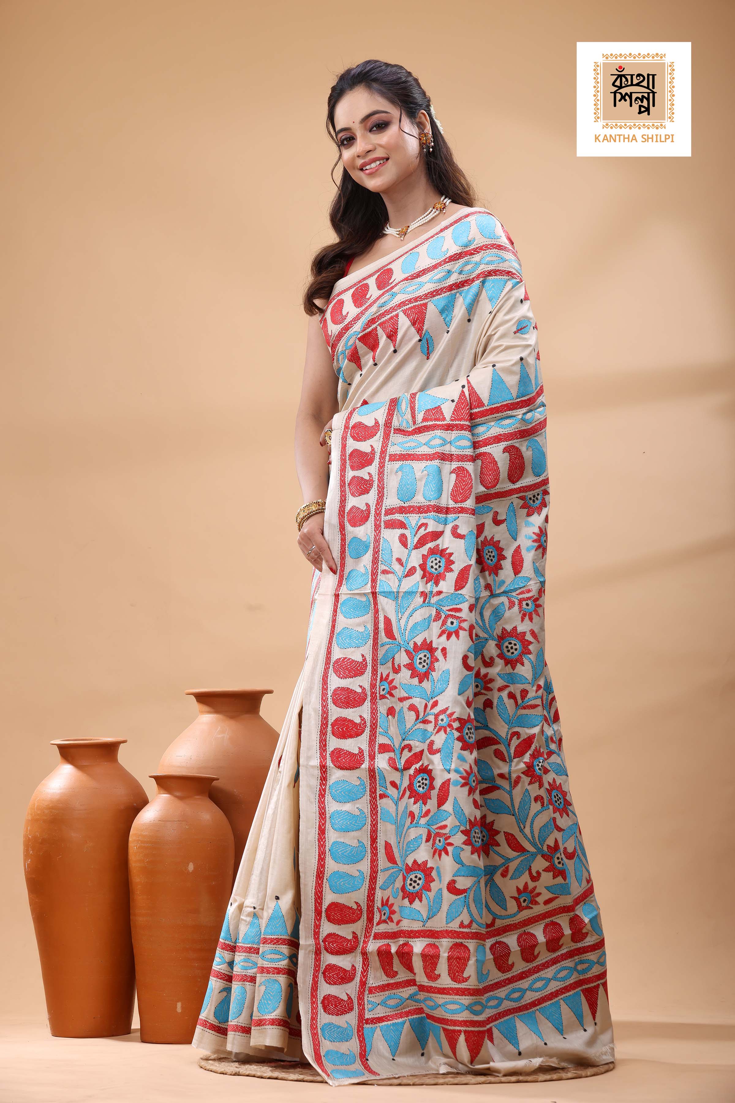 Pure Gachi Tussar Multicolor Thread Work Kantha Stitch Saree