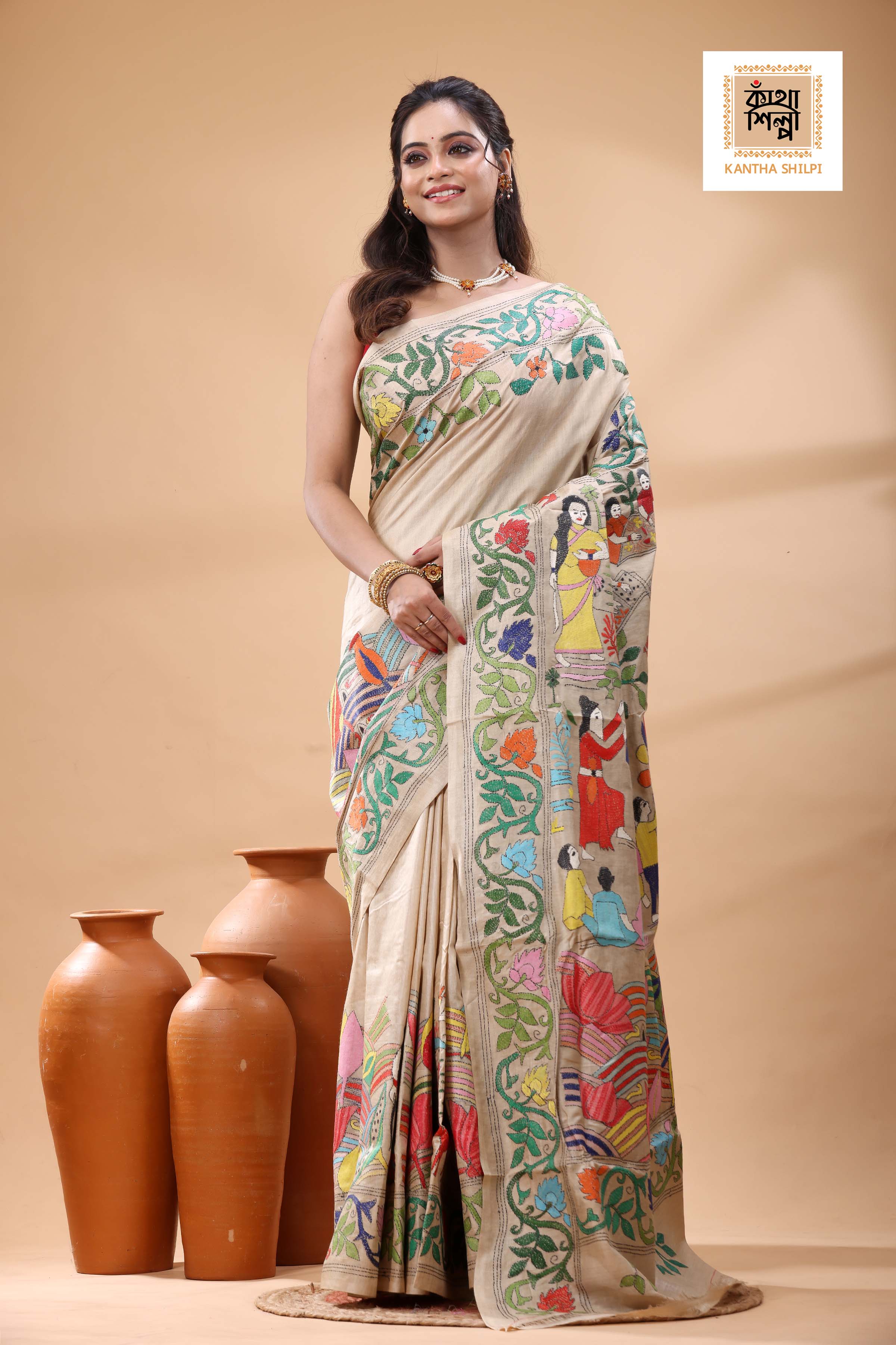 Pure Gachi Tussar Multicolor Thread Work Kantha Stitch Saree