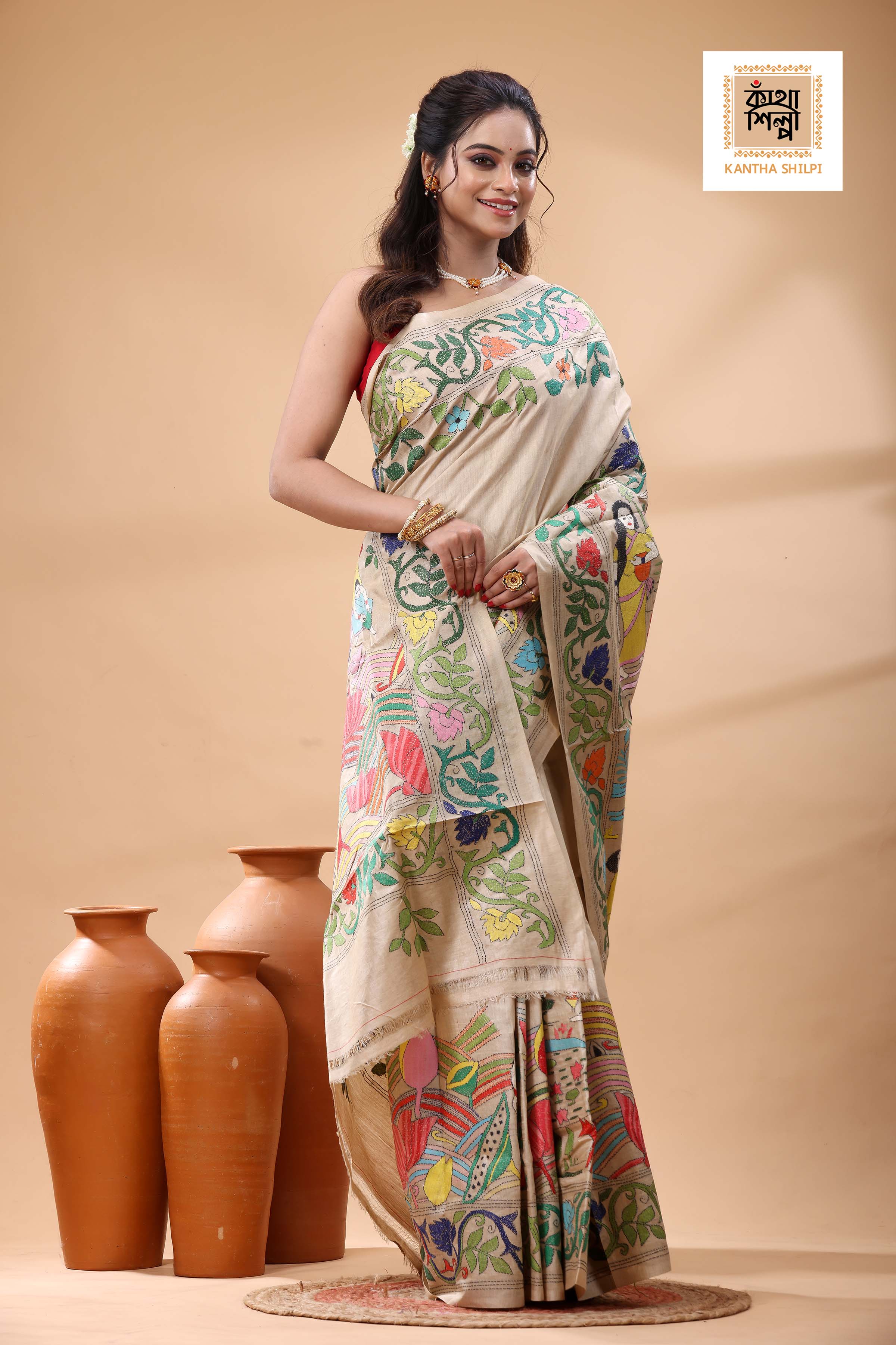 Pure Gachi Tussar Multicolor Thread Work Kantha Stitch Saree