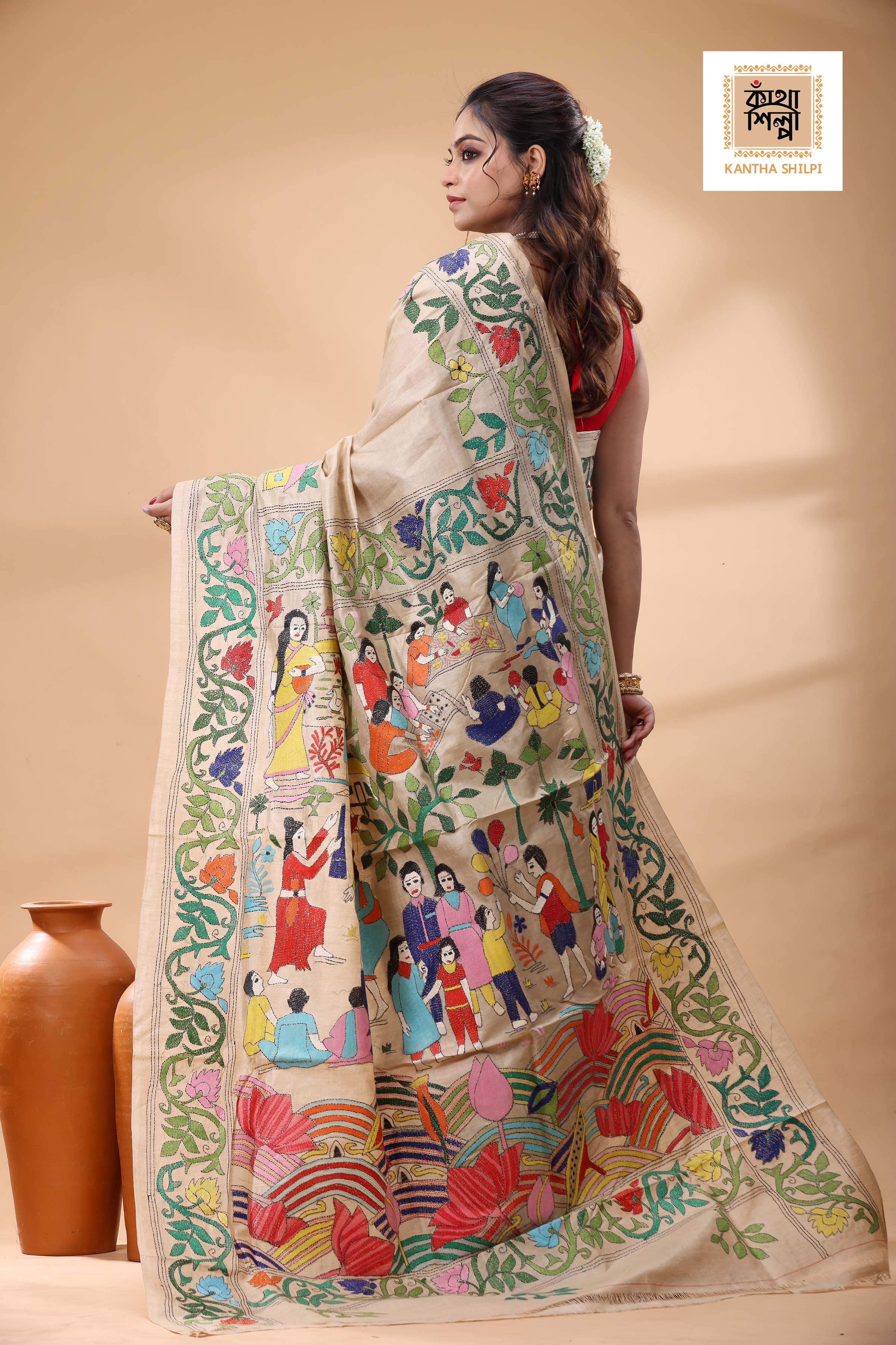 Pure Gachi Tussar Multicolor Thread Work Kantha Stitch Saree