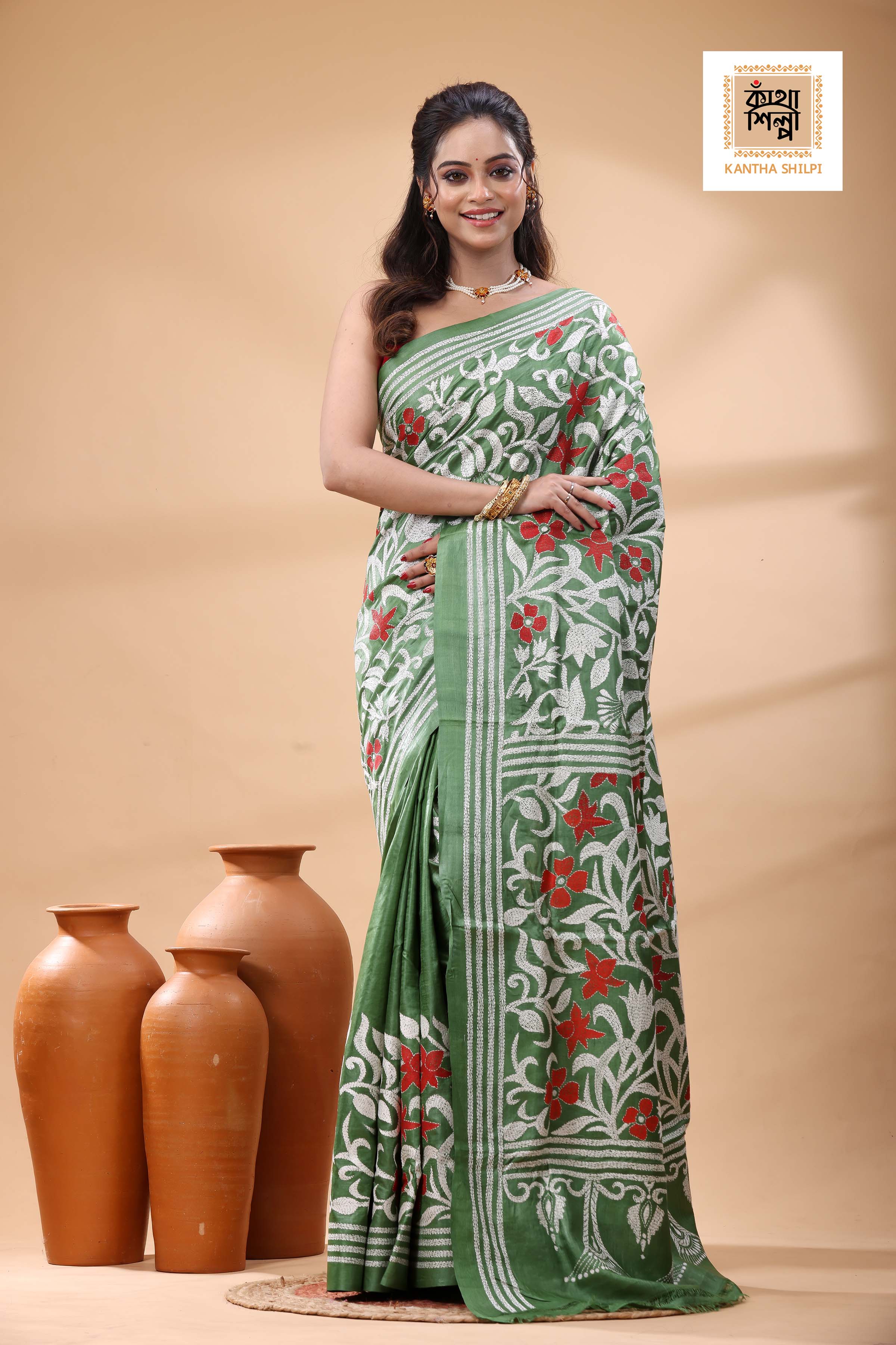 Pure Dye Gachi Tussar Multicolor Thread Work Kantha Stitch Saree