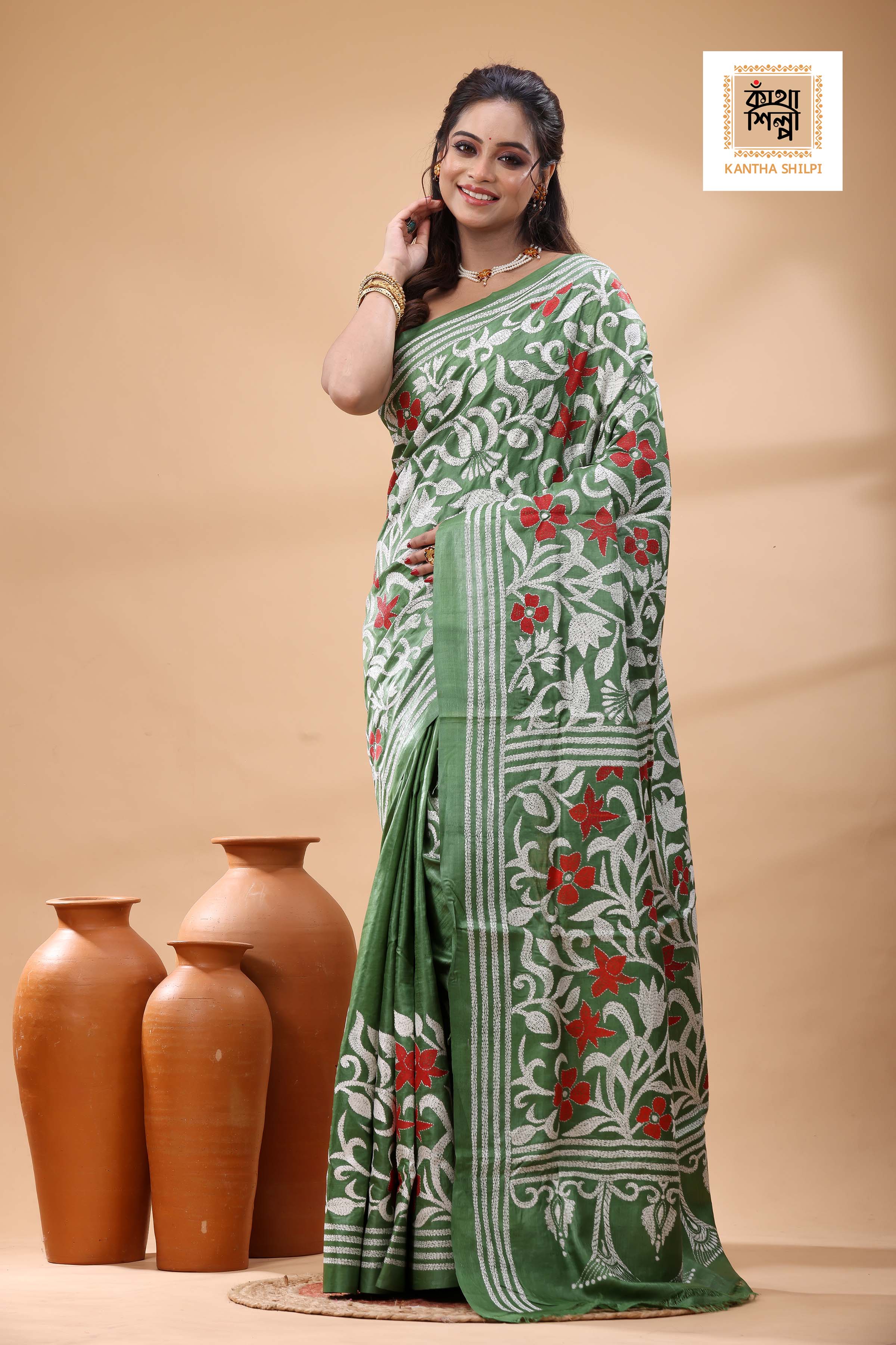 Pure Dye Gachi Tussar Multicolor Thread Work Kantha Stitch Saree