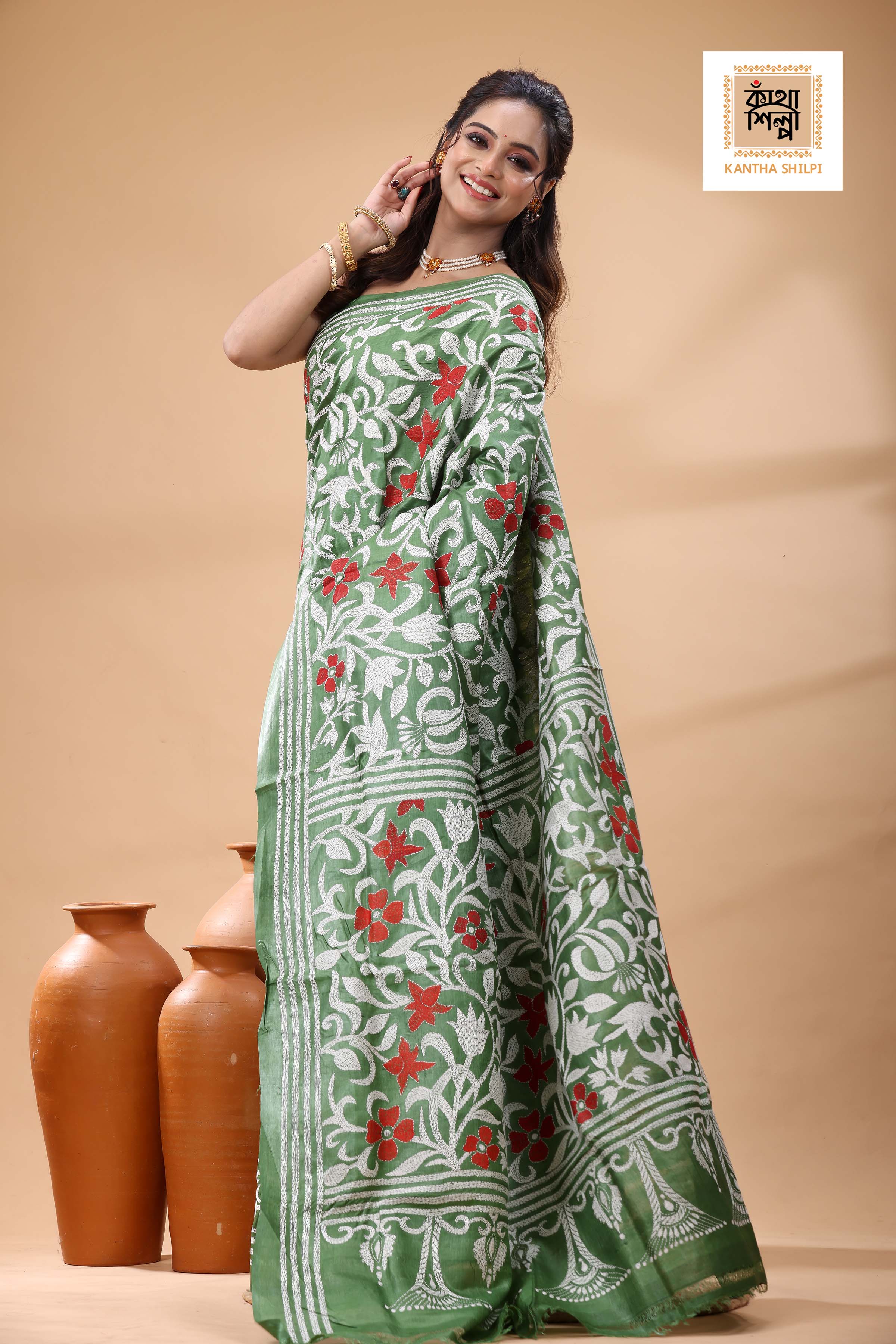 Pure Dye Gachi Tussar Multicolor Thread Work Kantha Stitch Saree