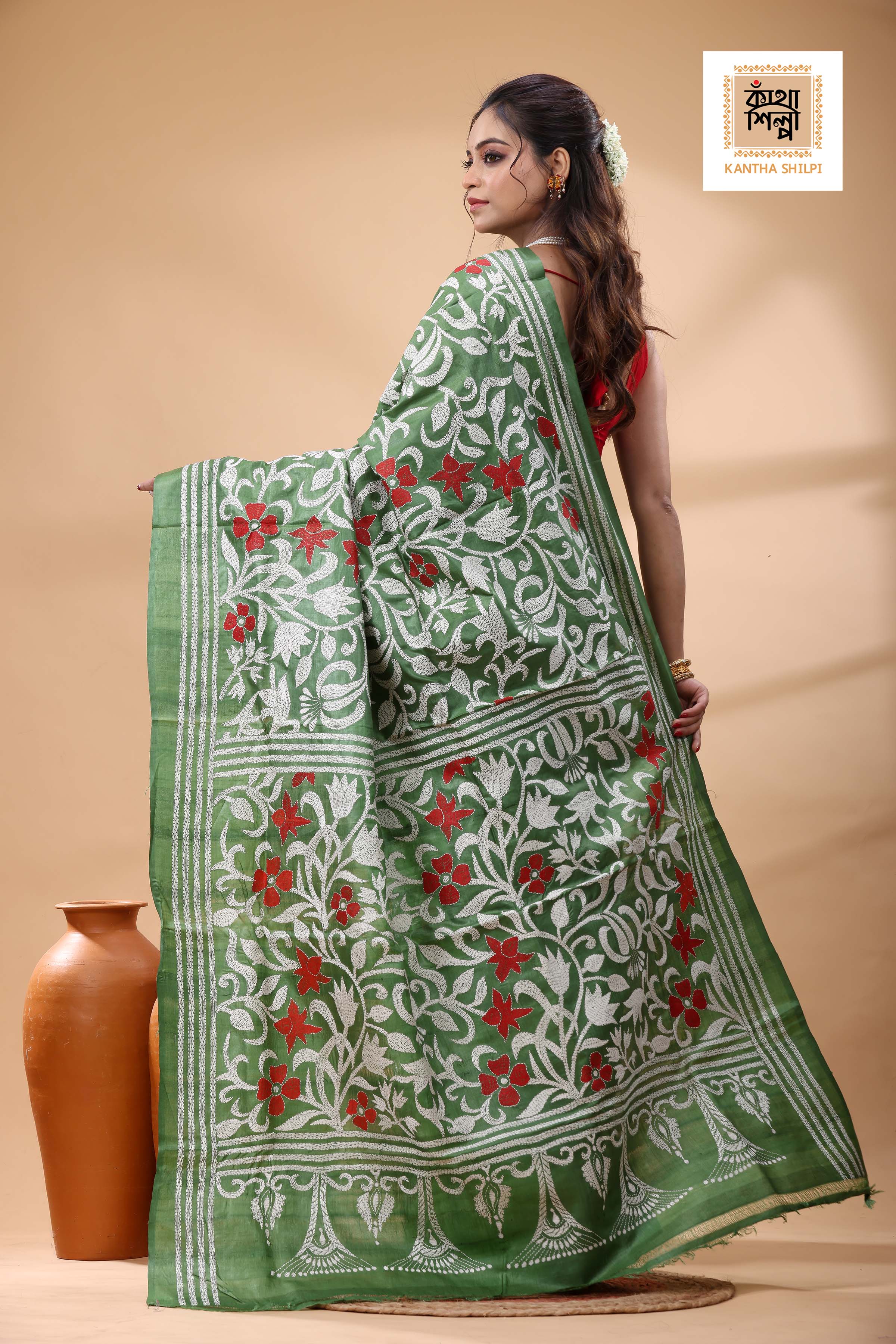 Pure Dye Gachi Tussar Multicolor Thread Work Kantha Stitch Saree