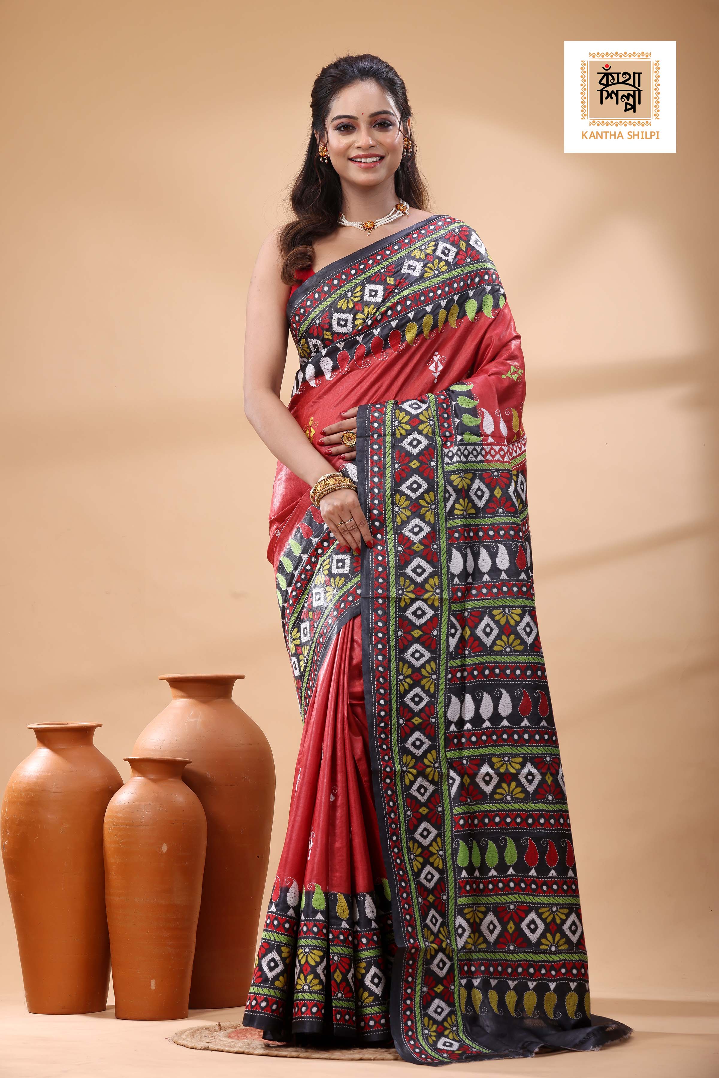 Pure Dye Gachi Tussar Multicolor Thread Work Kantha Stitch Saree