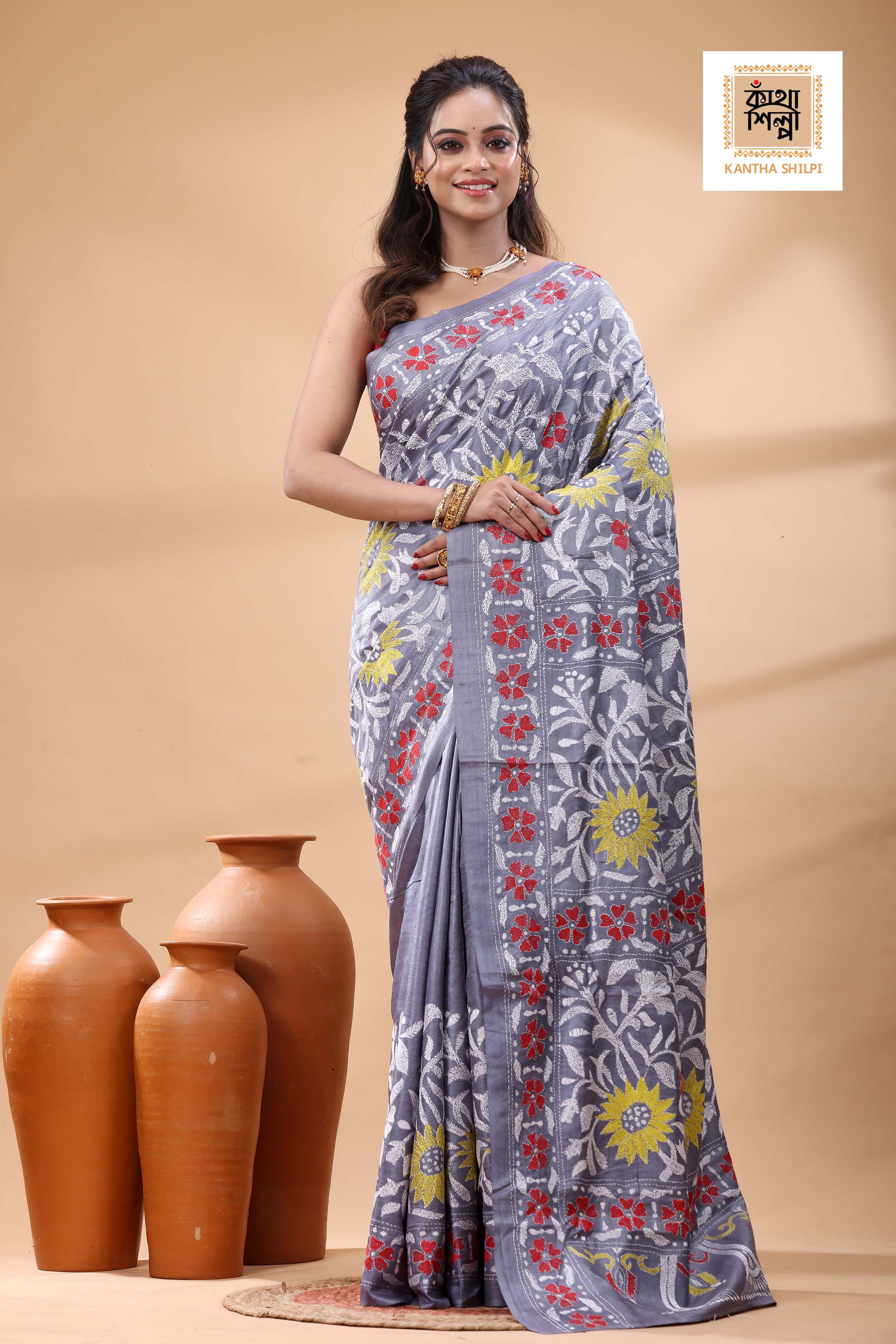 Pure Dye Gachi Tussar Multicolor Thread Work Kantha Stitch Saree