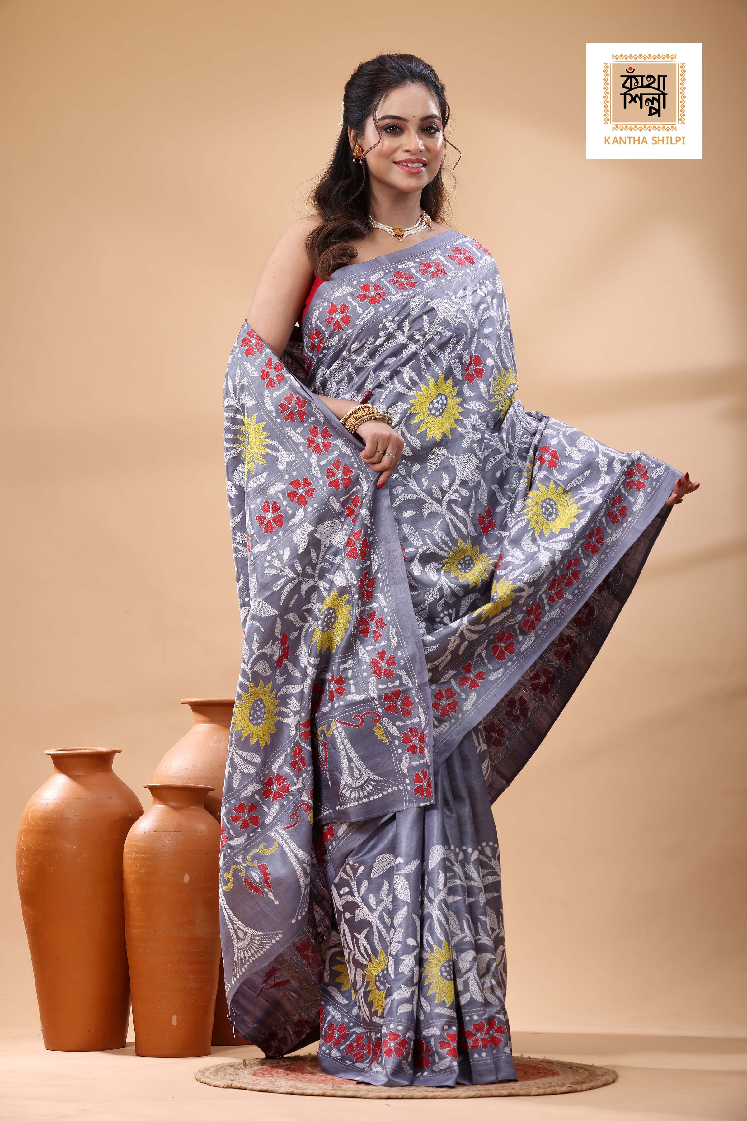 Pure Dye Gachi Tussar Multicolor Thread Work Kantha Stitch Saree