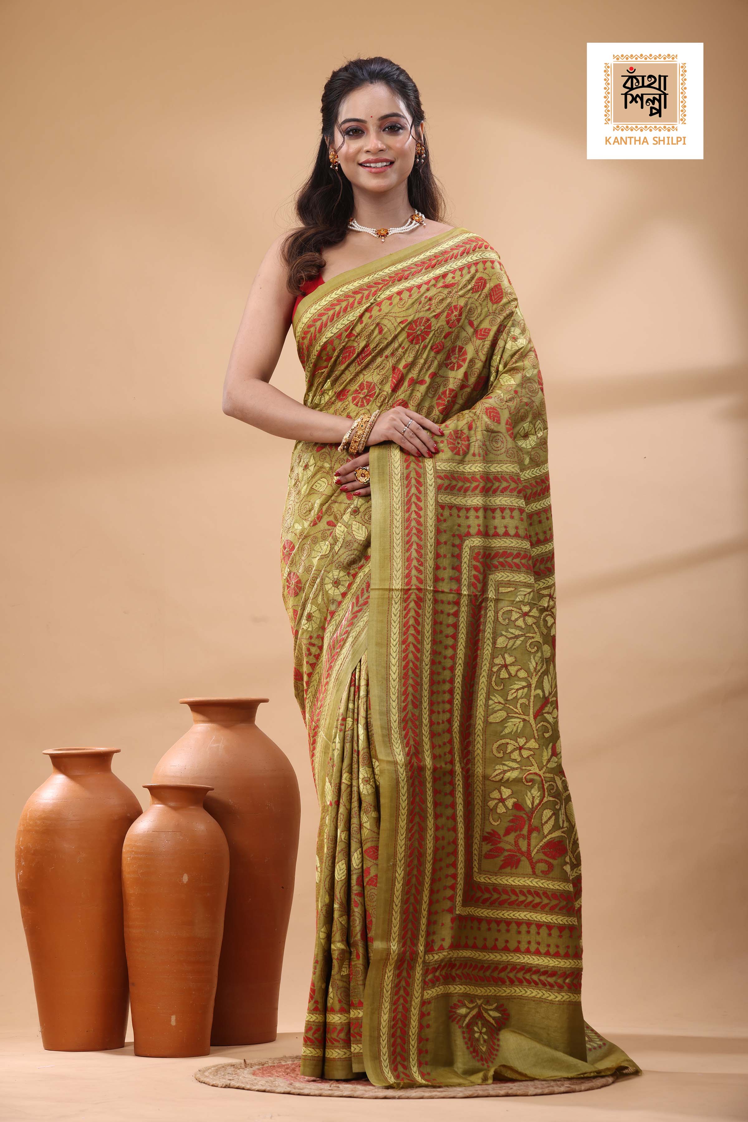 Pure Gachi Tussar Red Yellow Color Thread Work Kantha Stitch Saree