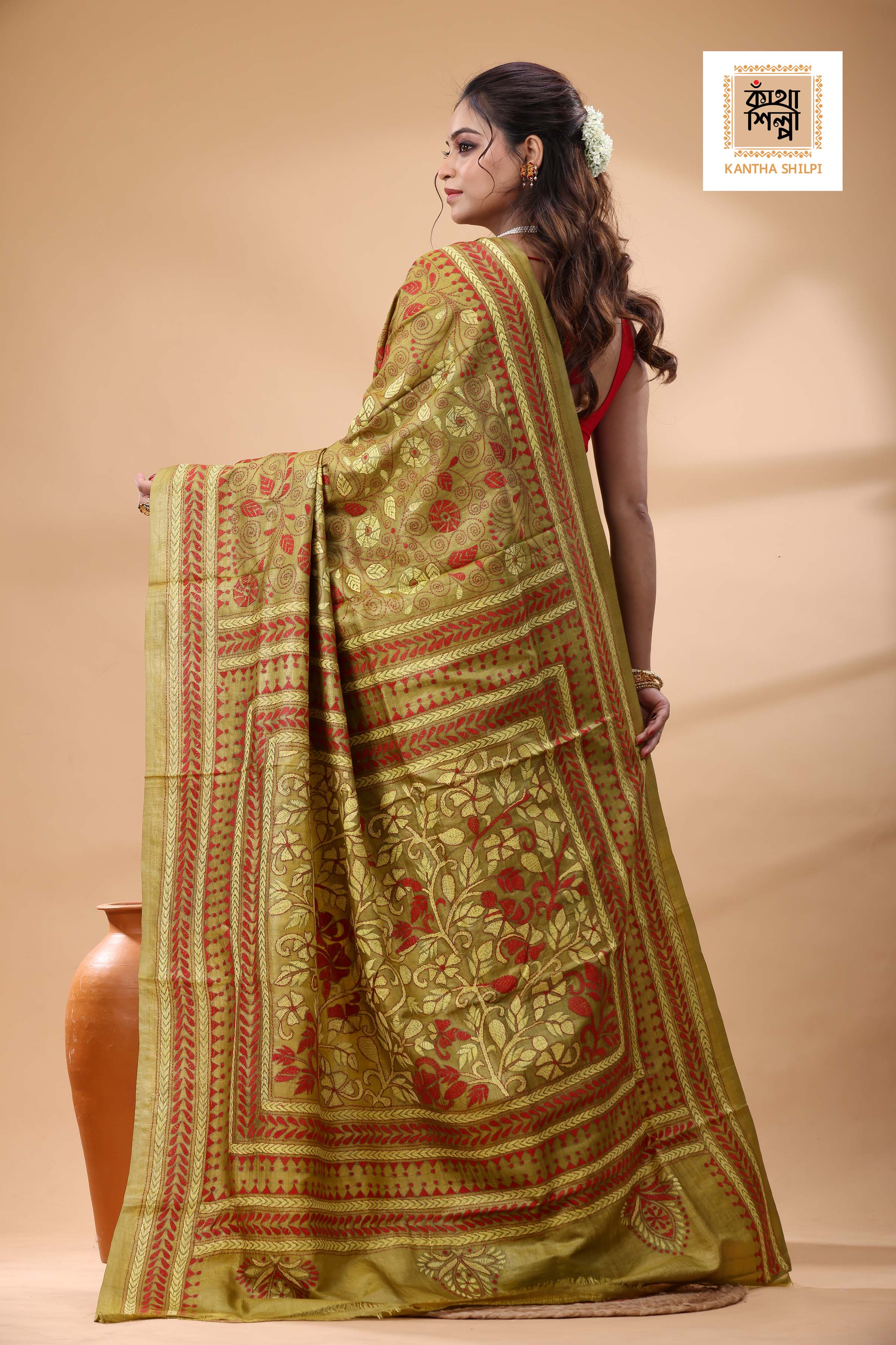 Pure Gachi Tussar Red Yellow Color Thread Work Kantha Stitch Saree