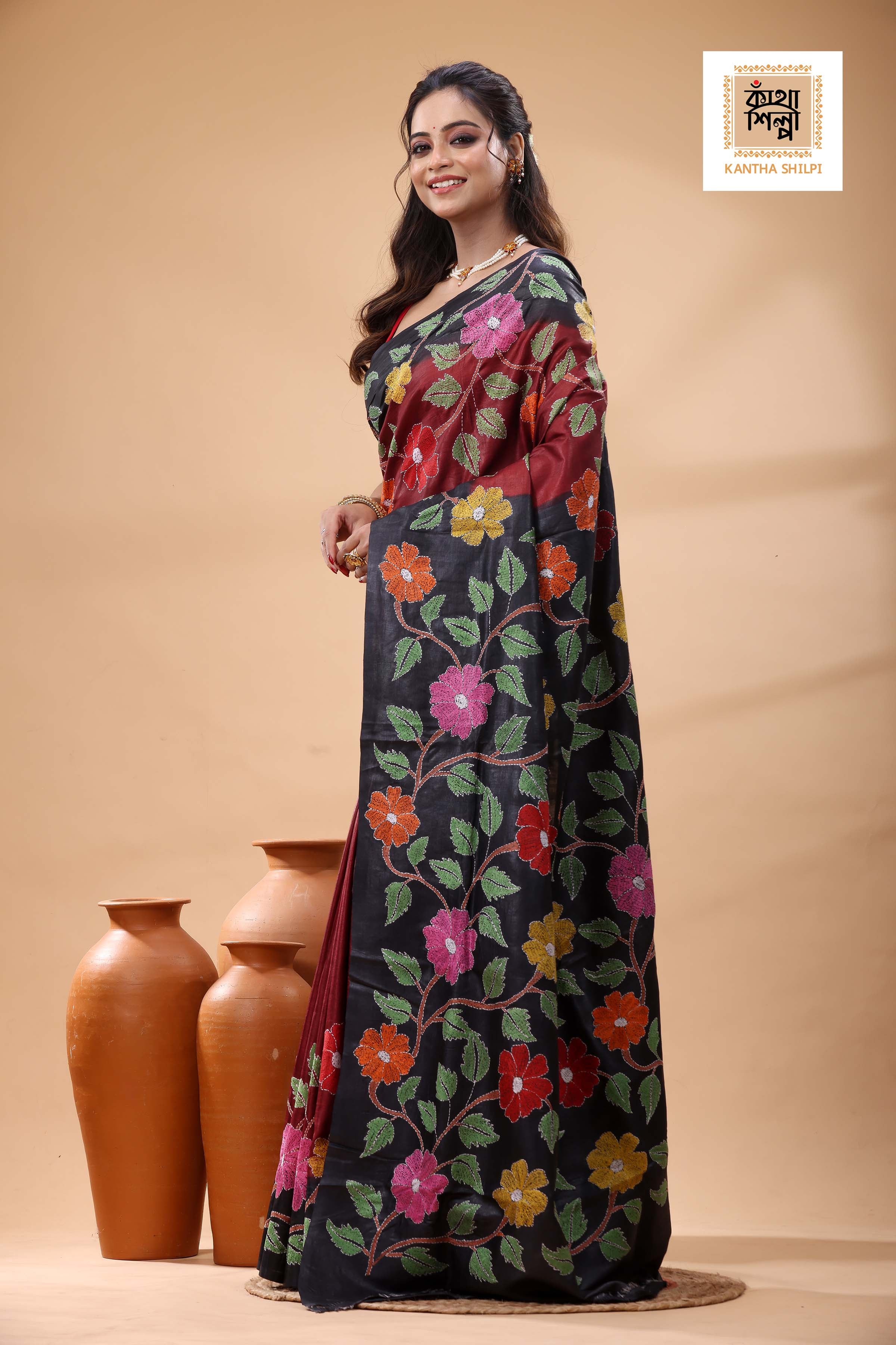 Pure Dye Gachi Tussar Multicolor Thread Work Kantha Stitch Saree