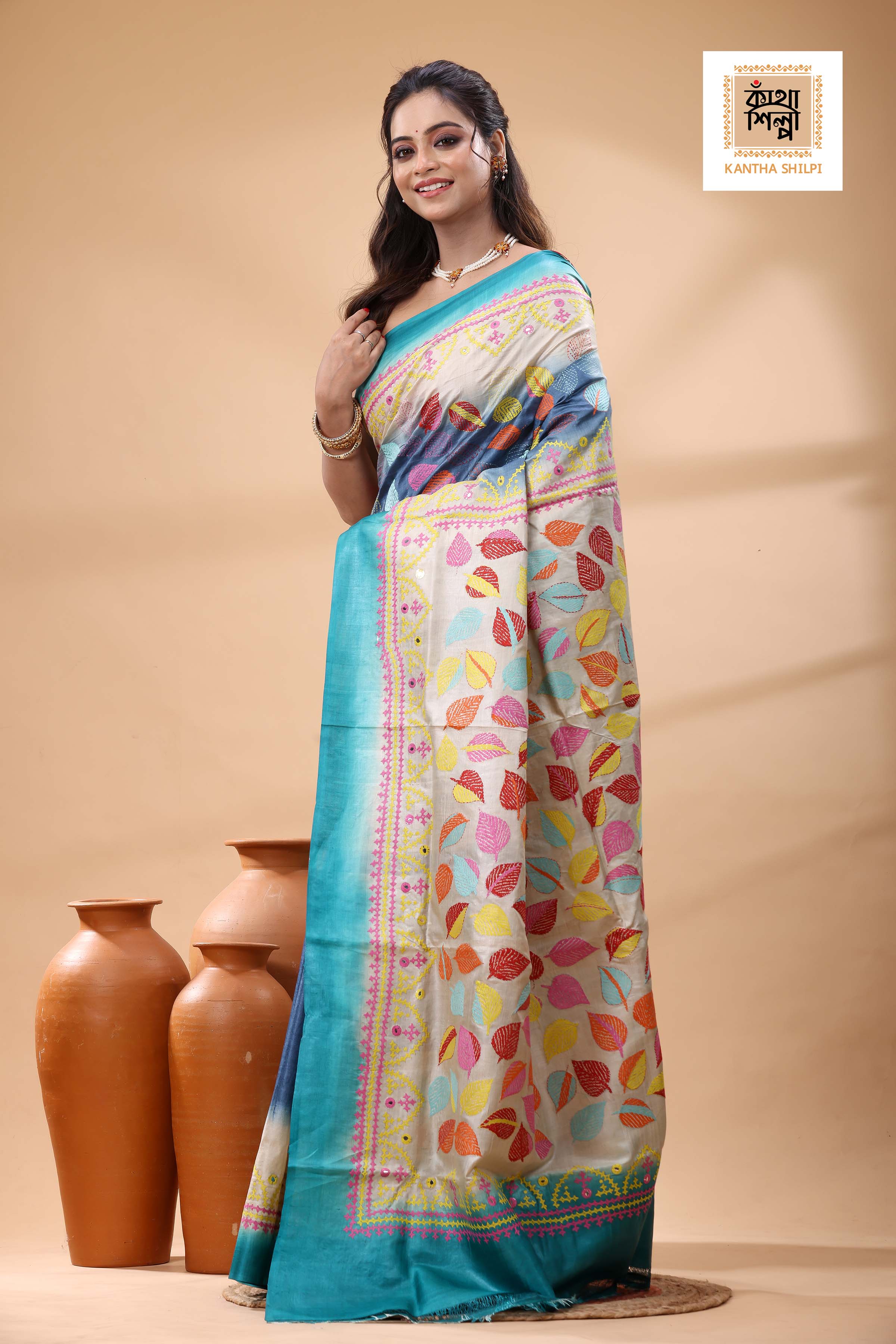 Pure Gachi Dye Tussar Silk Kantha and Gujrati Stitch Saree