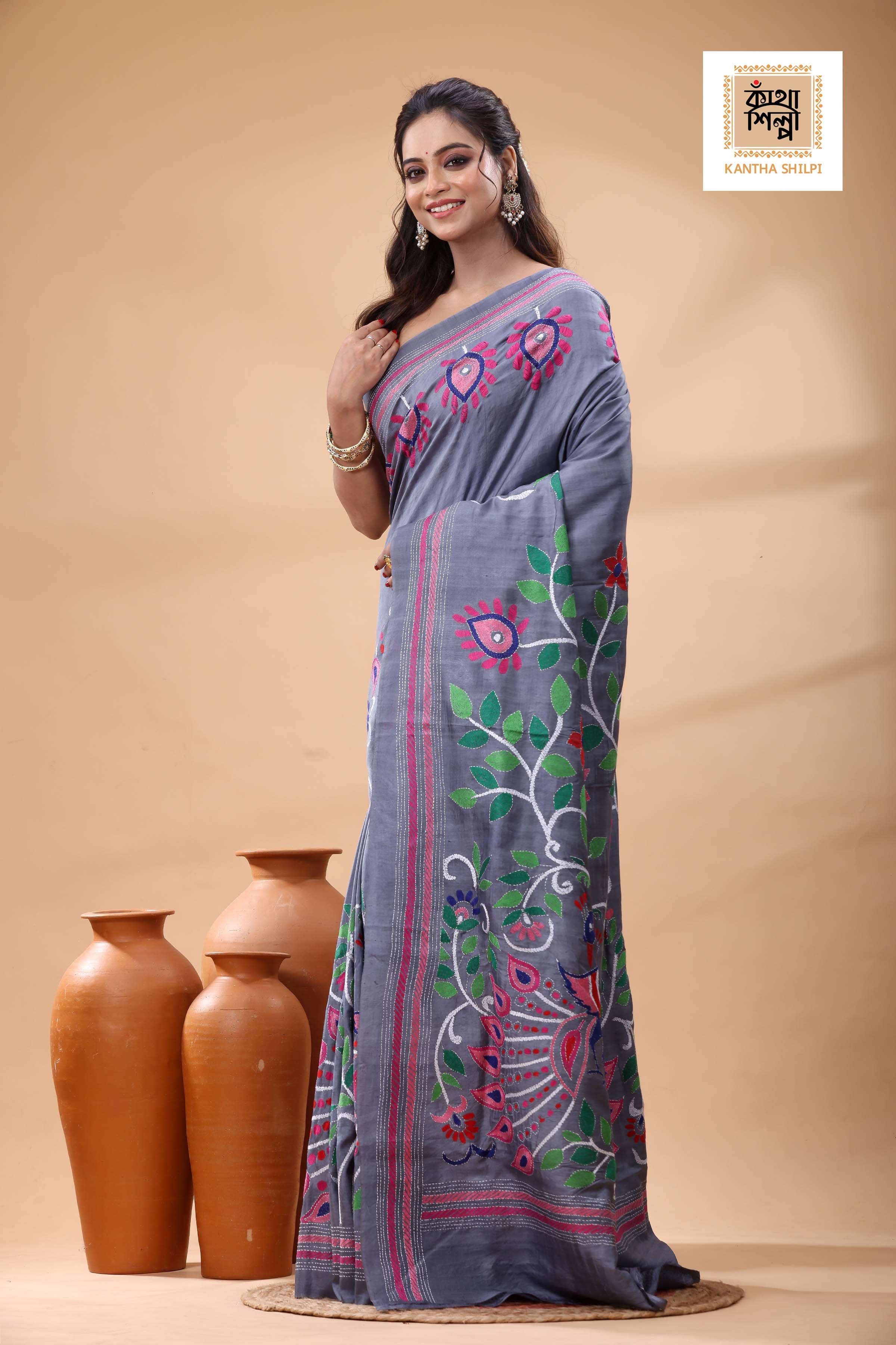 Pure Dye Murshidabad Silk with Multicolor Thread Work Kantha Stitch Saree