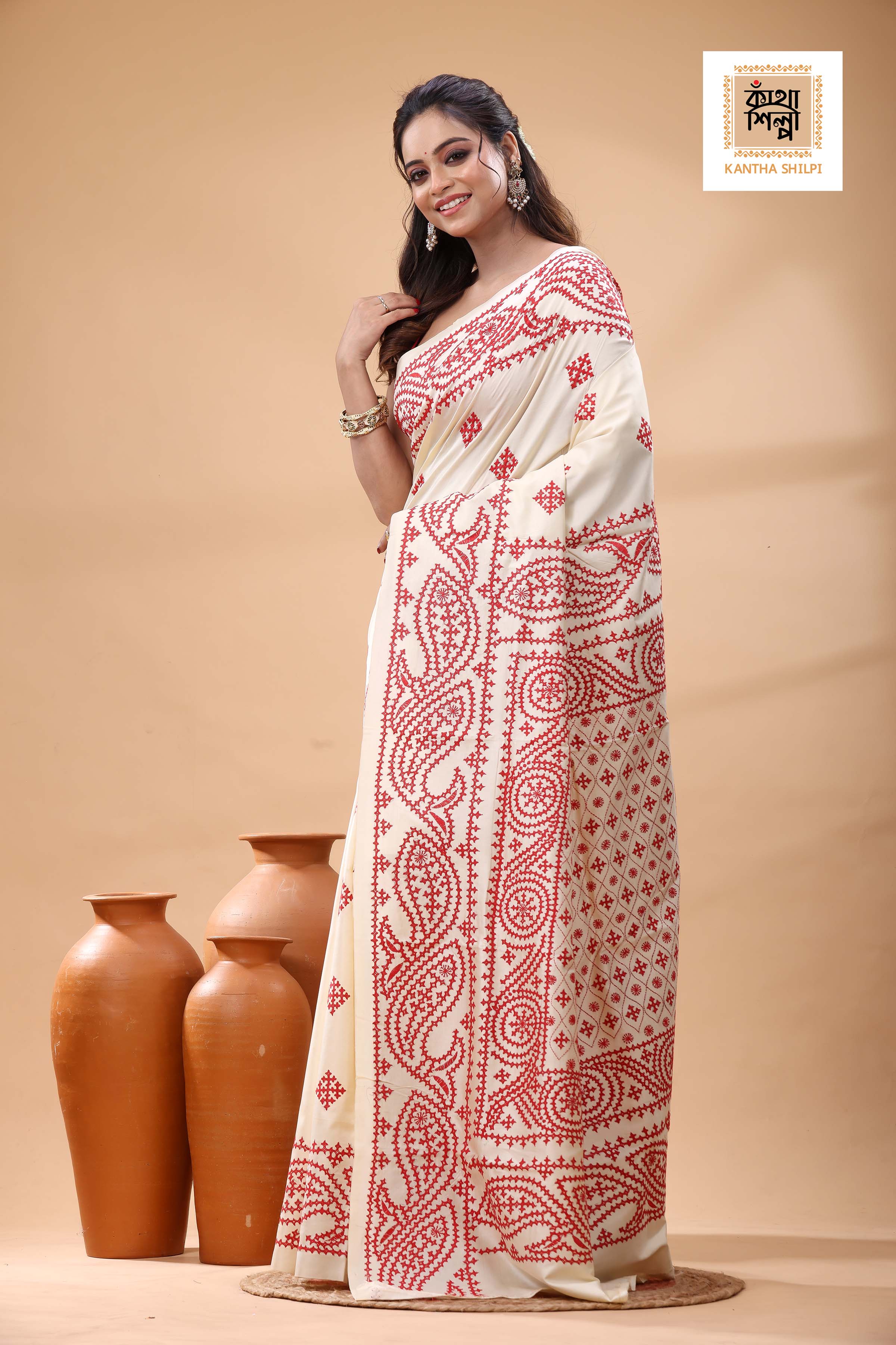 Off White Tussar Silk Red Thread Work Gujrati Stitch Saree