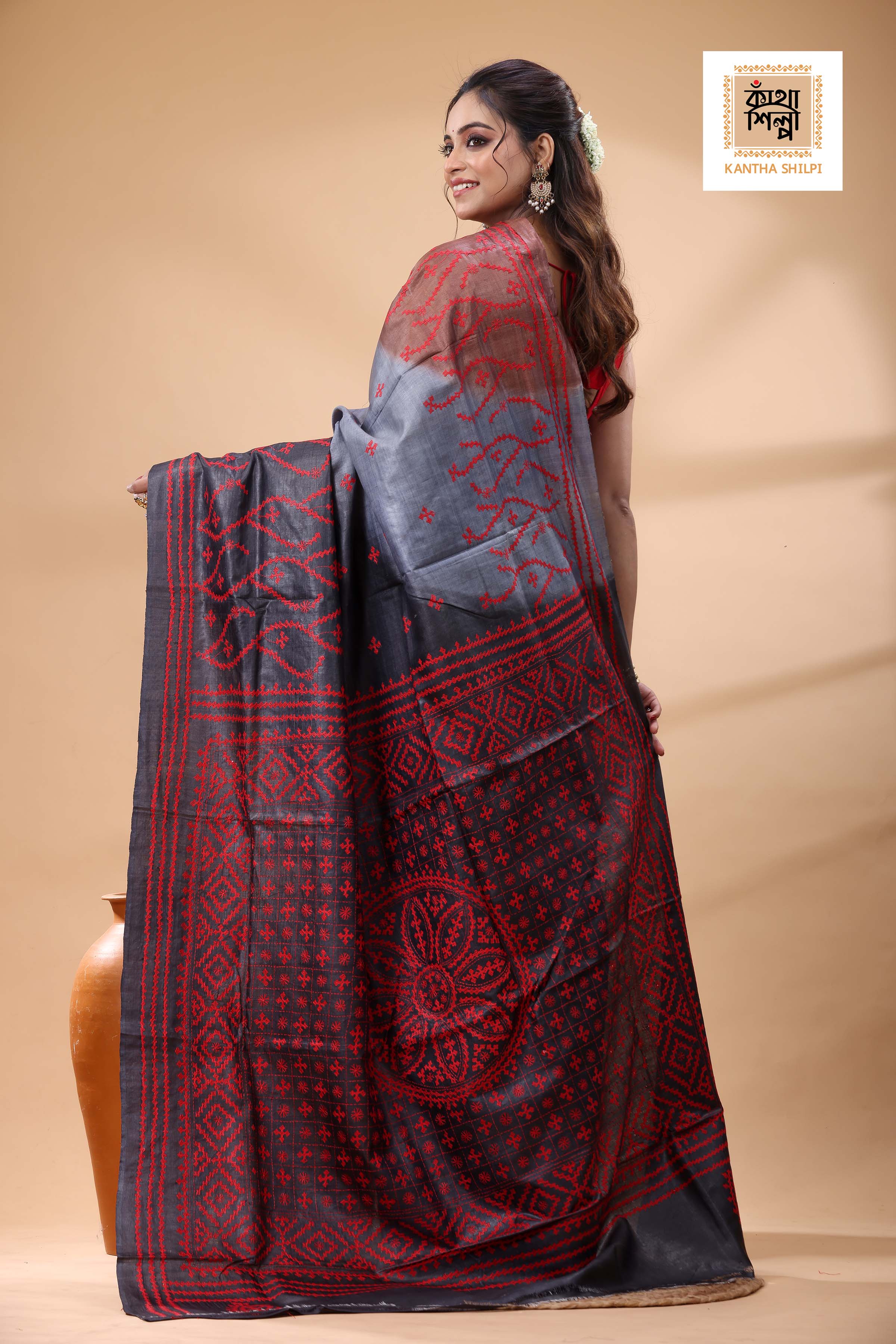 Pure Gachi Tussar Multicolor Dye And Red Thread Work Gujrati Stitch Saree