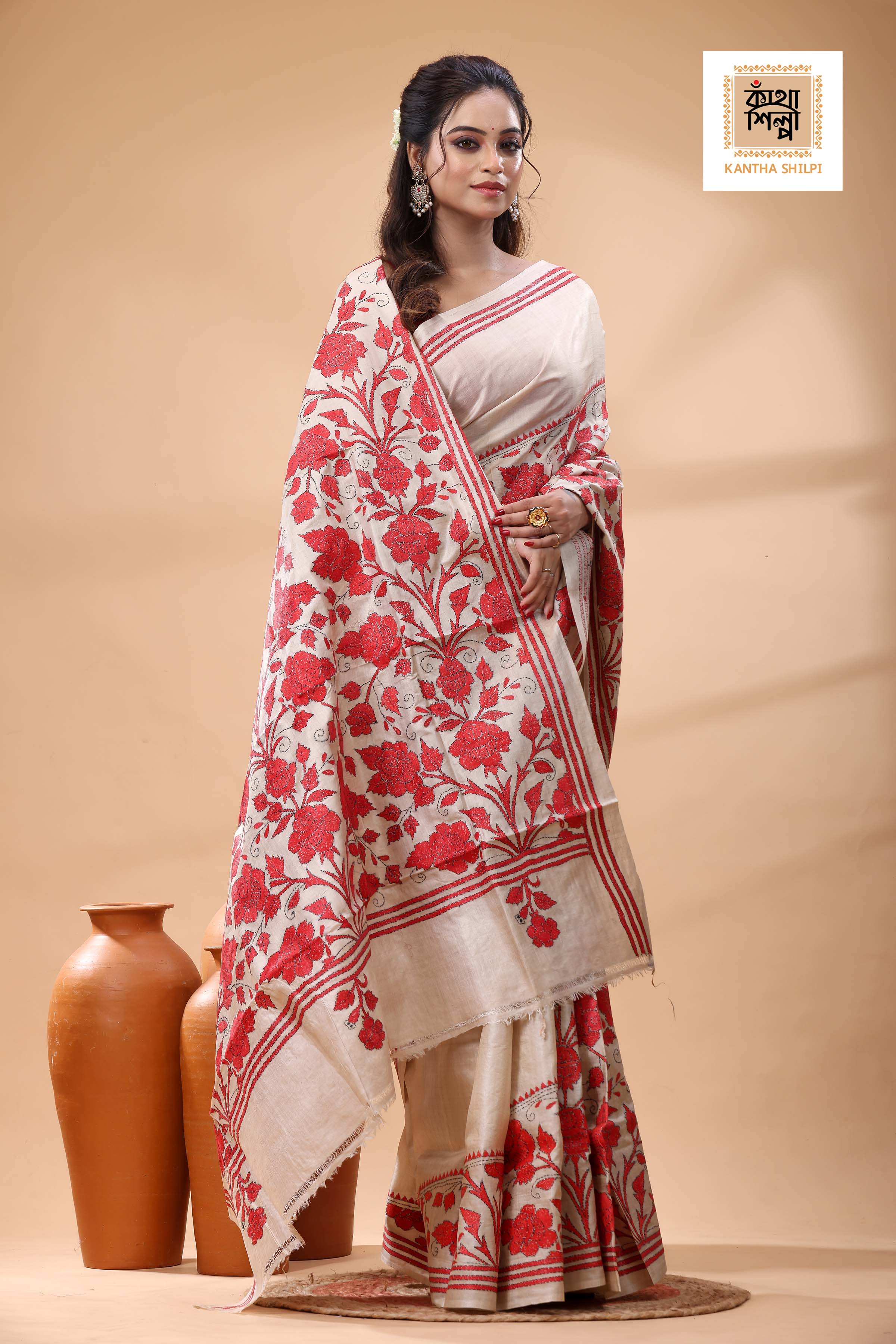 Pure Gachi Tussar Red Color Thread Work Kantha Stitch Saree