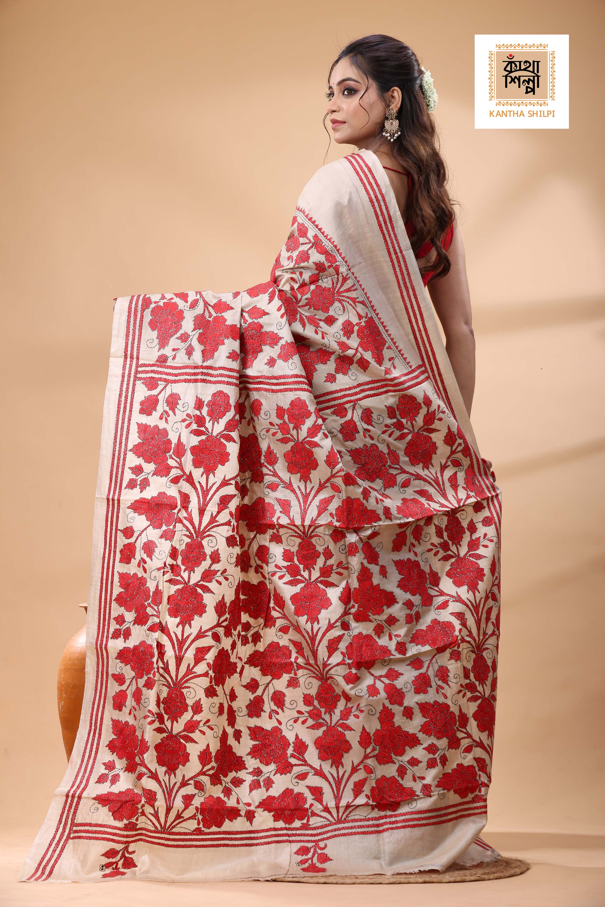 Pure Gachi Tussar Red Color Thread Work Kantha Stitch Saree