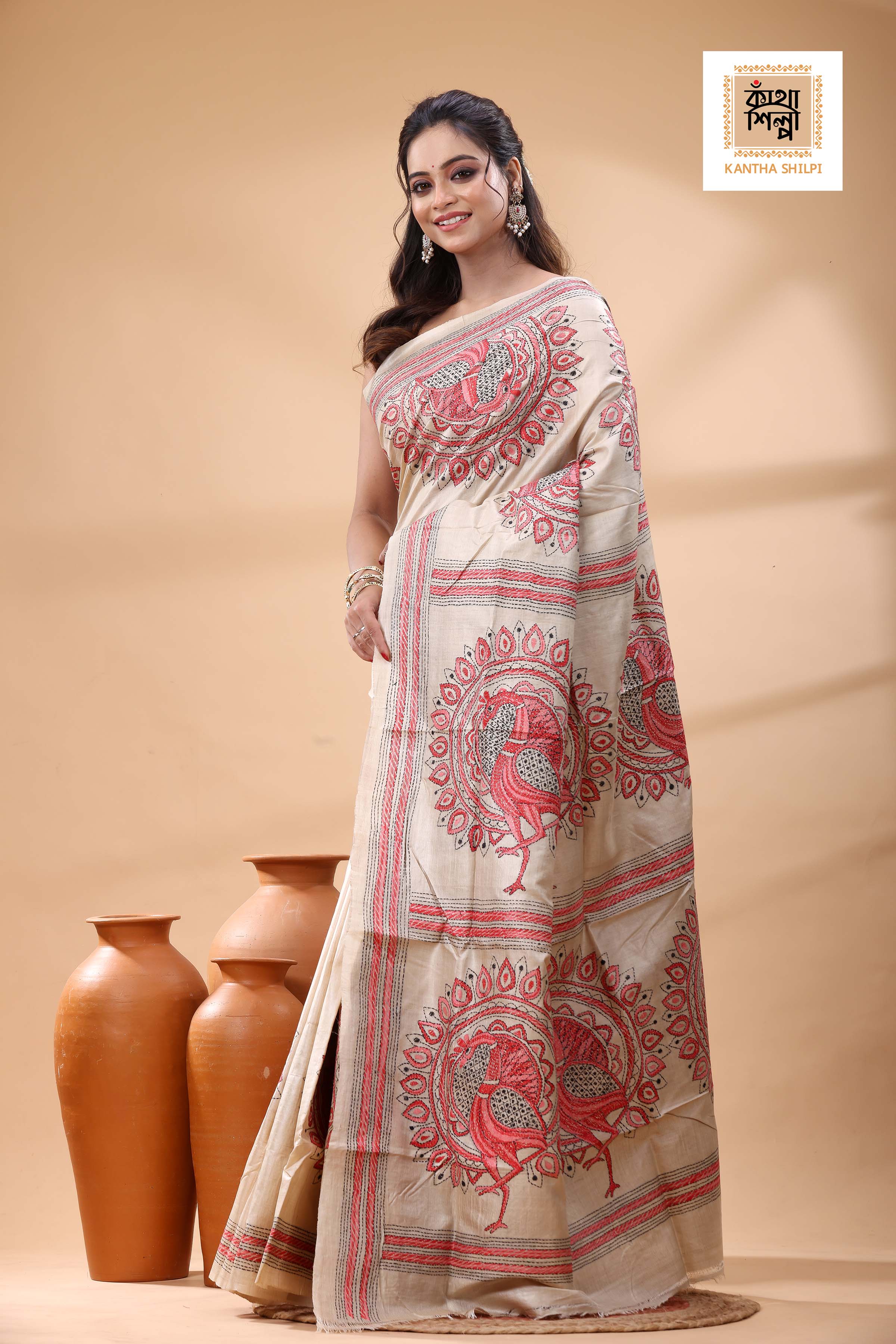 Pure Gachi Tussar Red Black Color Thread Work Kantha Stitch Saree