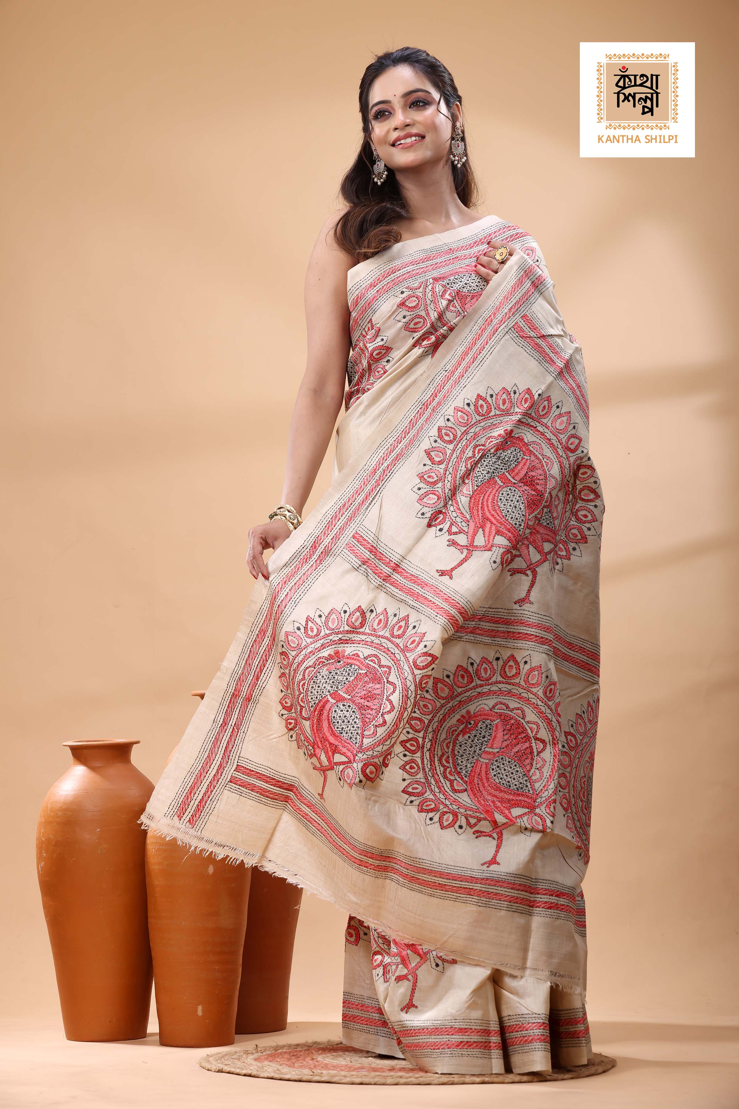 Pure Gachi Tussar Red Black Color Thread Work Kantha Stitch Saree
