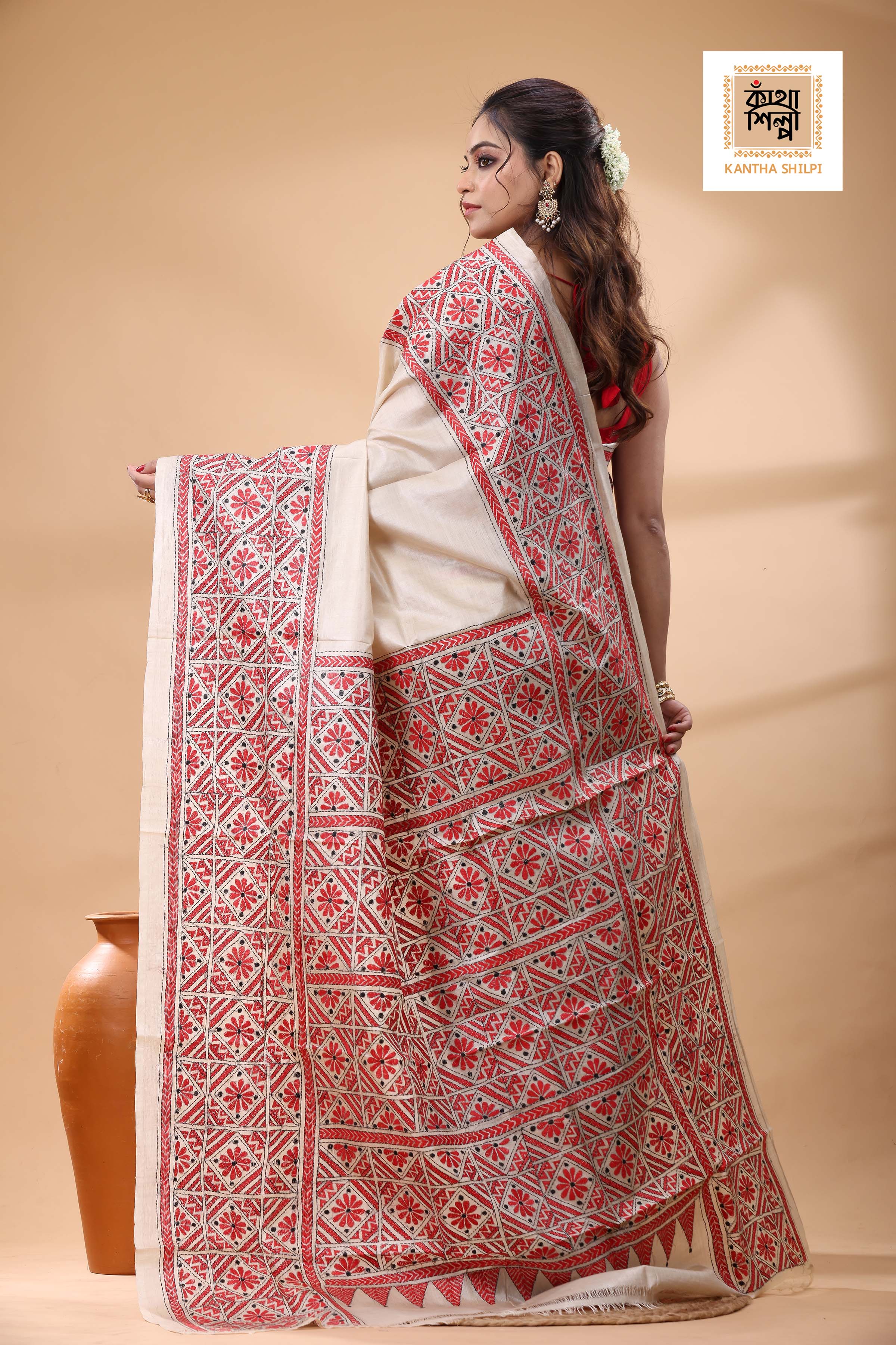 Pure Gachi Tussar Red Black Color Thread Work Kantha Stitch Saree