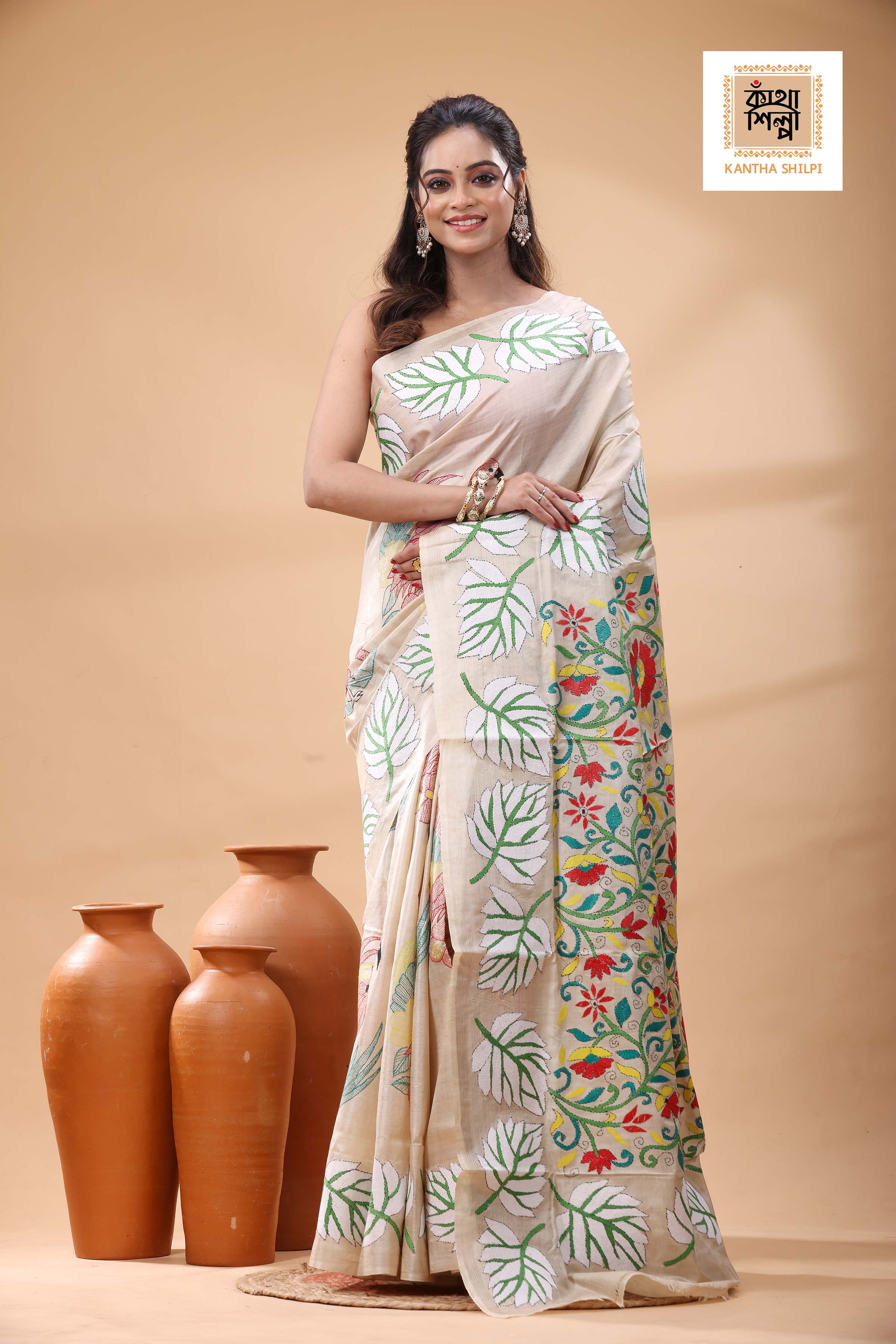 Pure Gachi Tussar Multicolor Thread Work Kantha Stitch Saree