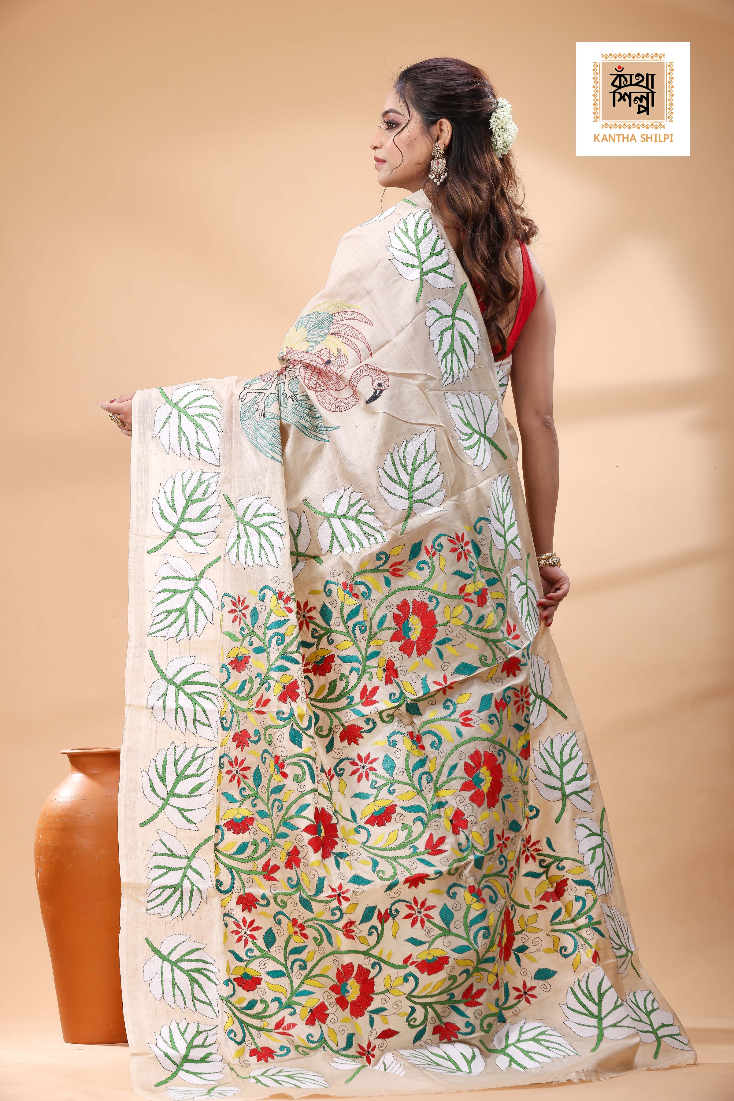 Pure Gachi Tussar Multicolor Thread Work Kantha Stitch Saree