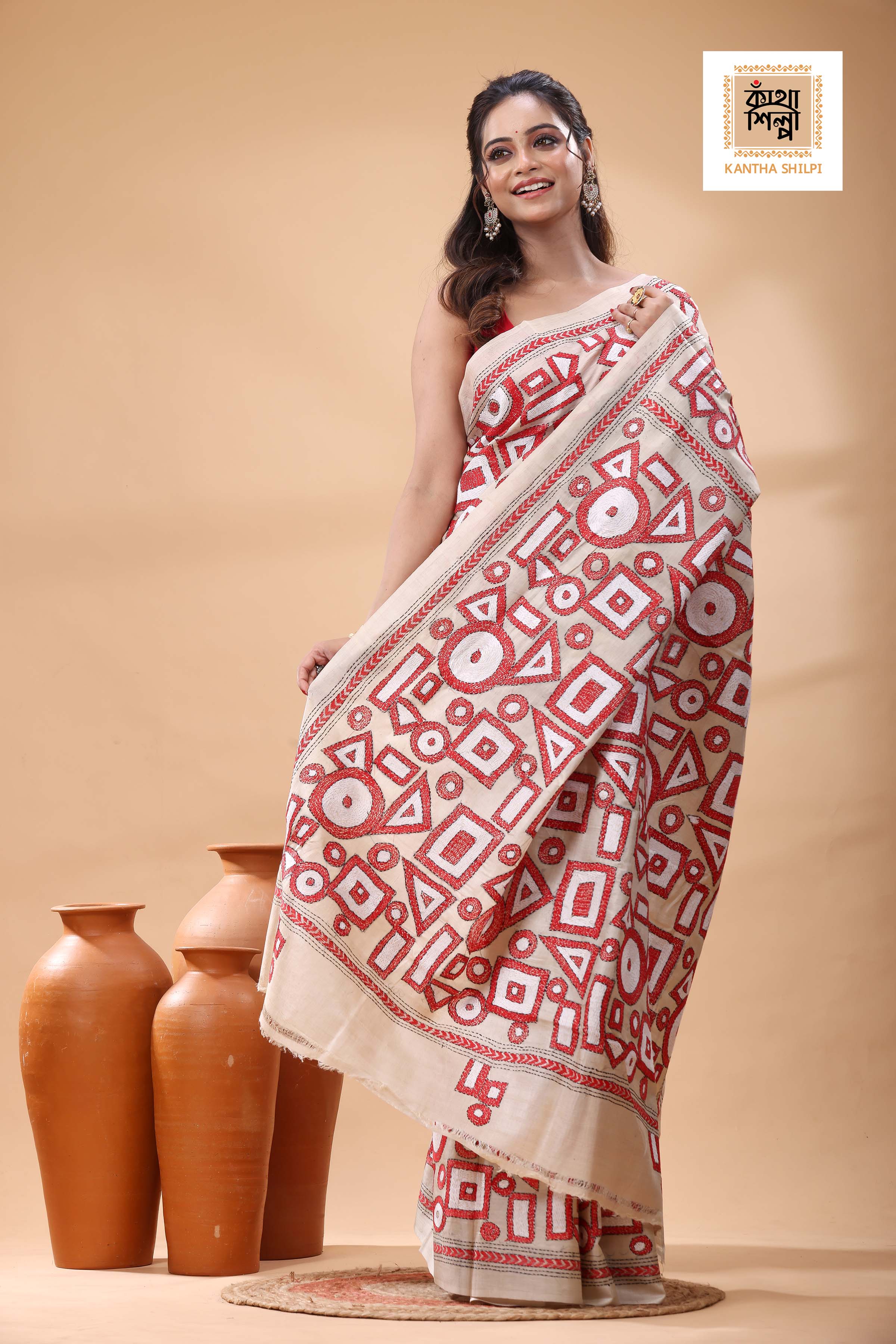Pure Gachi Tussar red white black color Thread Work Kantha Stitch Saree