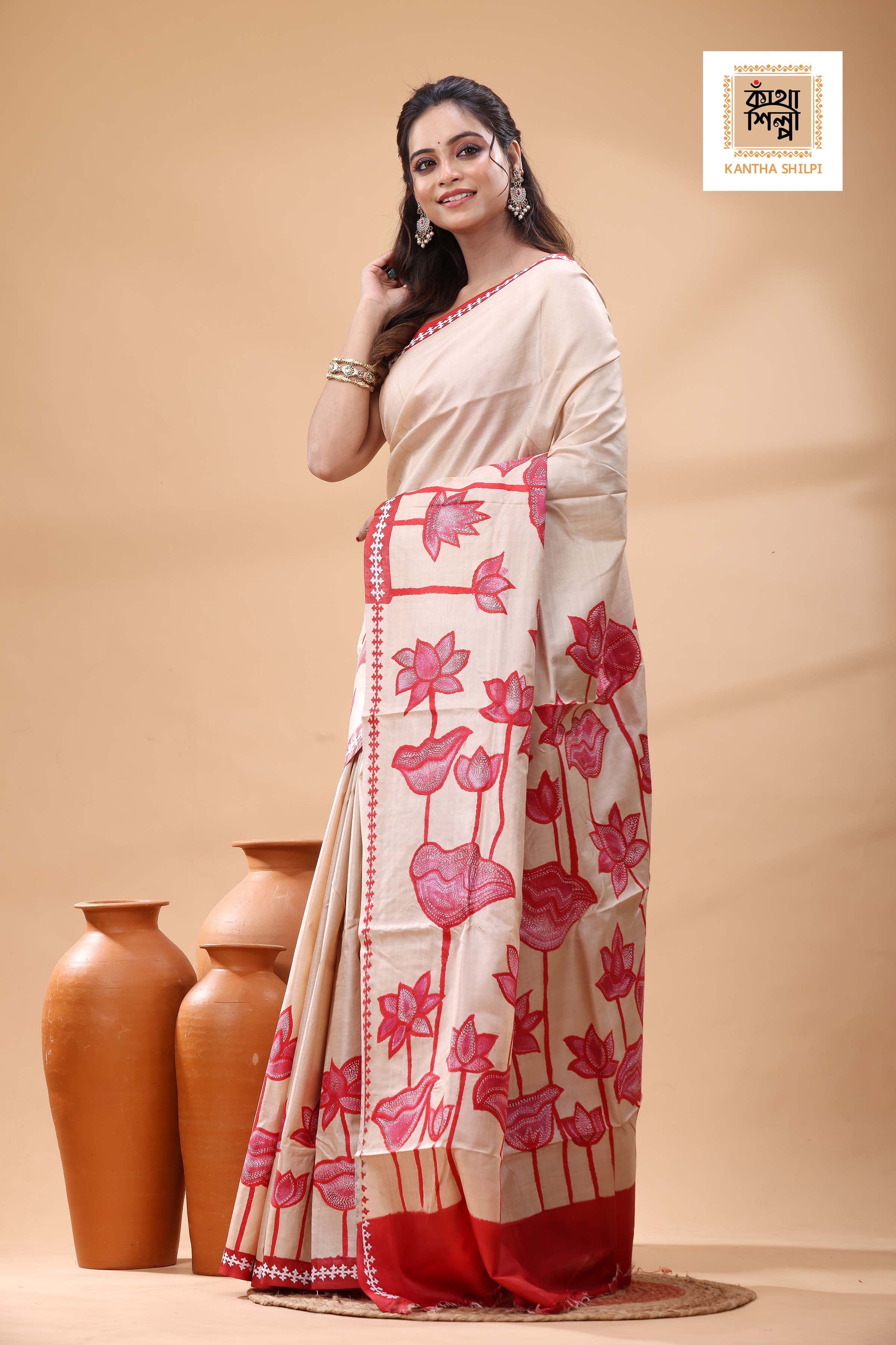 Pure Gachi Tussar Red Color Thread Work Kantha Stitch Saree