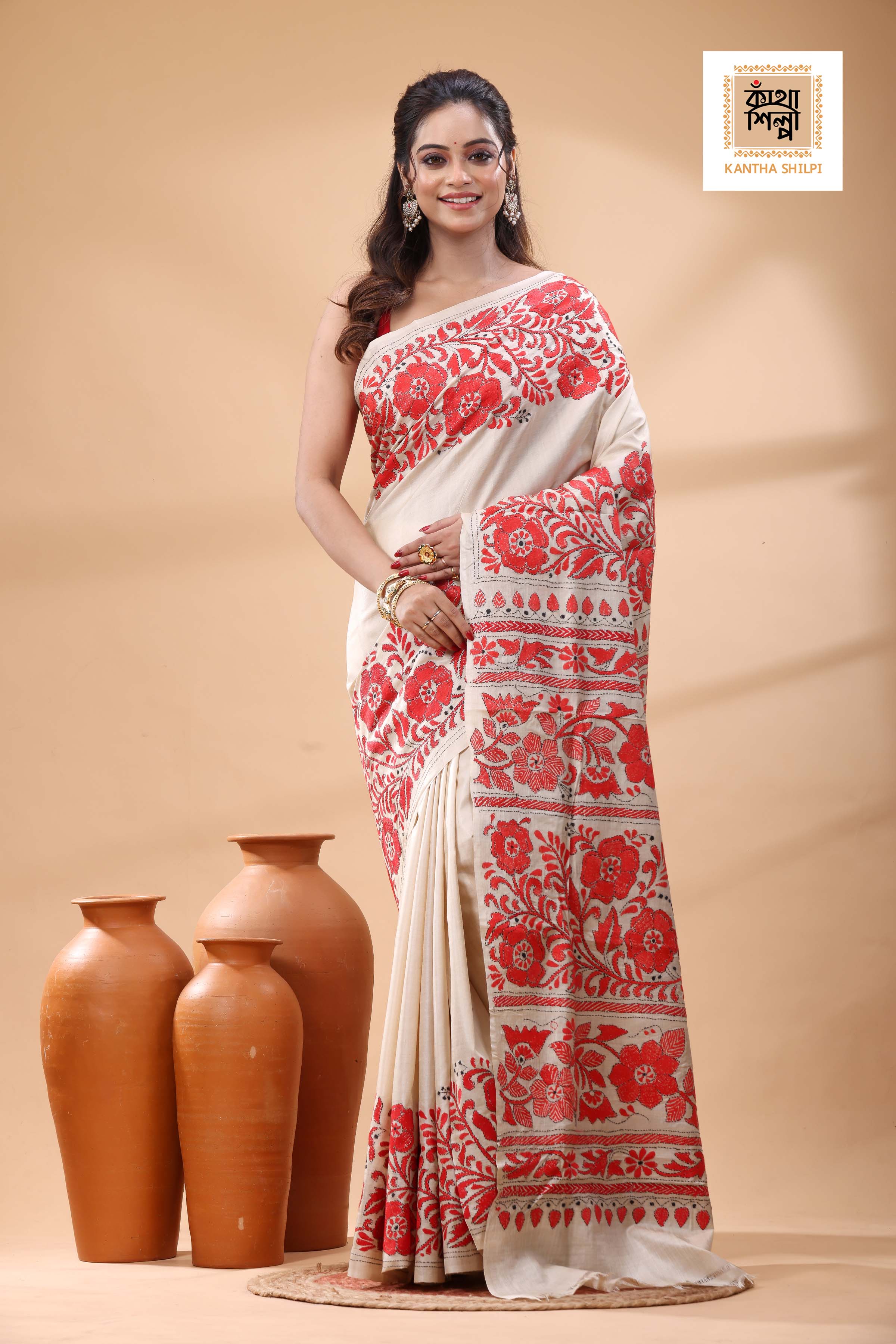 Pure Gachi Tussar Red Ccolor Thread Work Kantha Stitch Saree