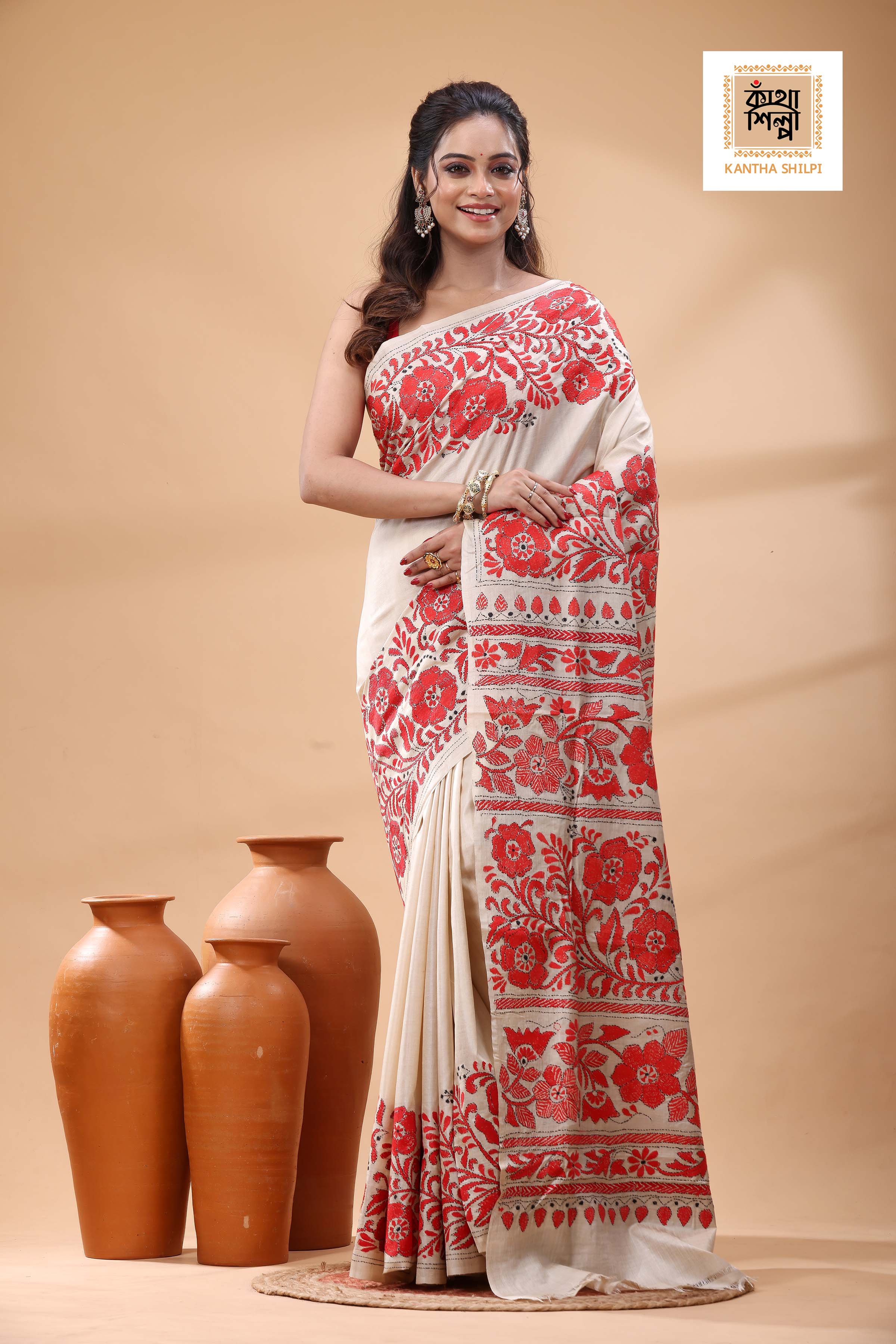 Pure Gachi Tussar Red Ccolor Thread Work Kantha Stitch Saree