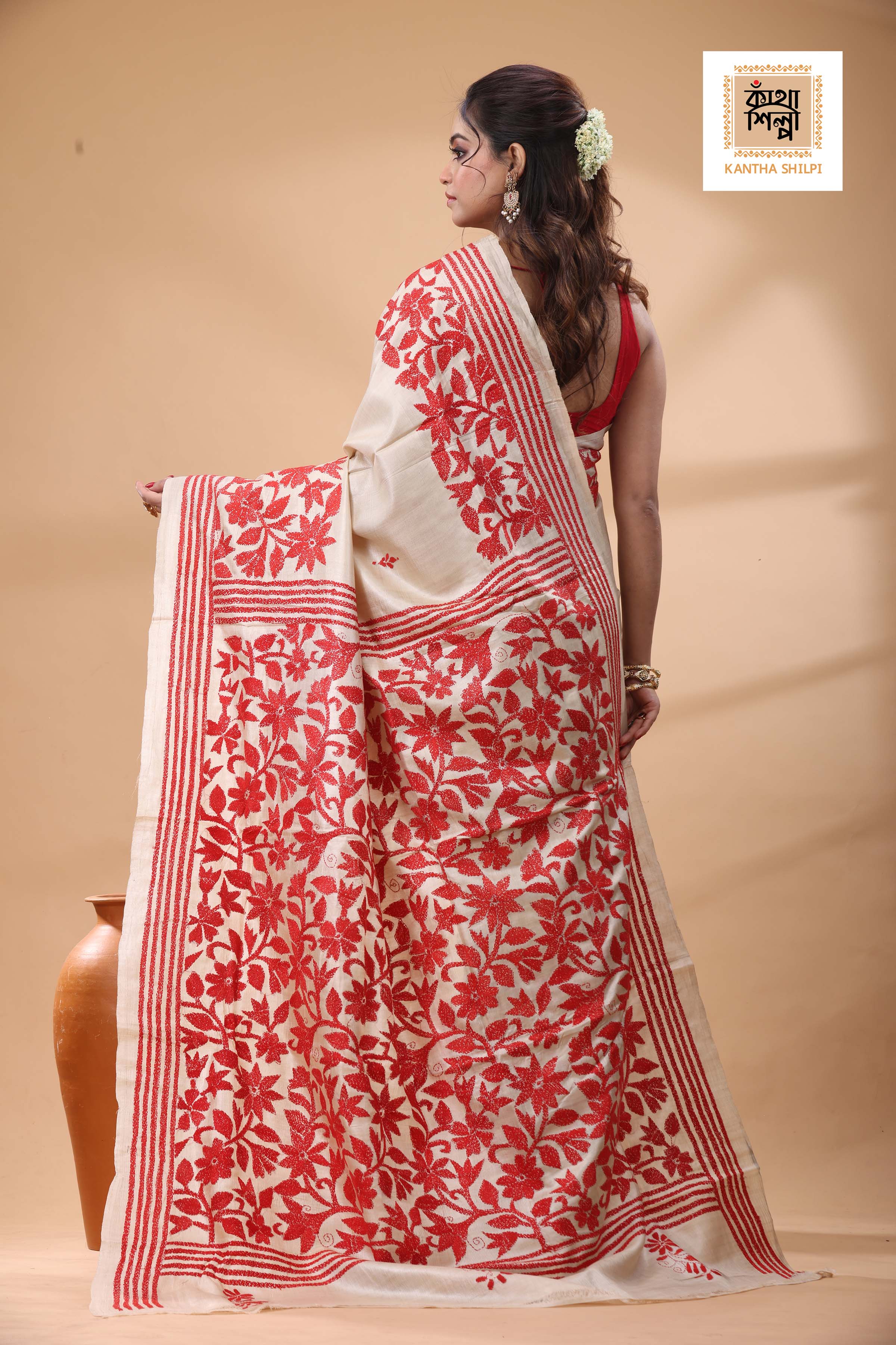 Pure Gachi Tussar Red Color Thread Work Kantha Stitch Saree