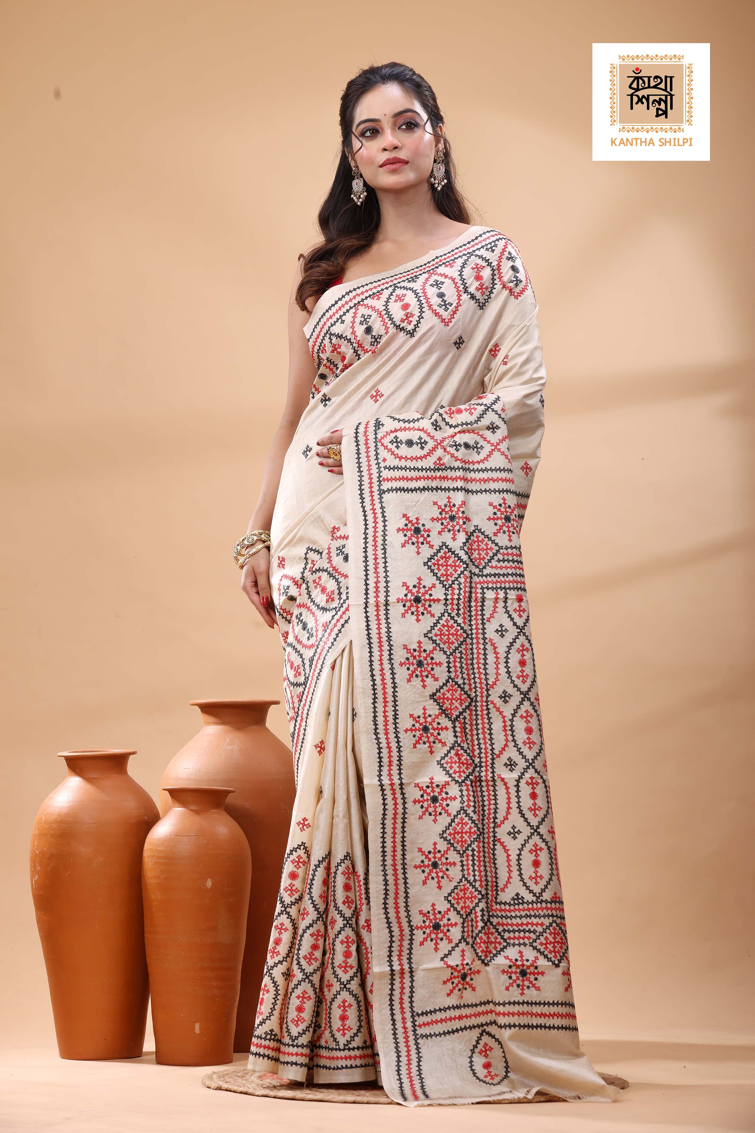 Pure Gachi Tussar with Red Black Thread Work Gujrati Stitch Saree