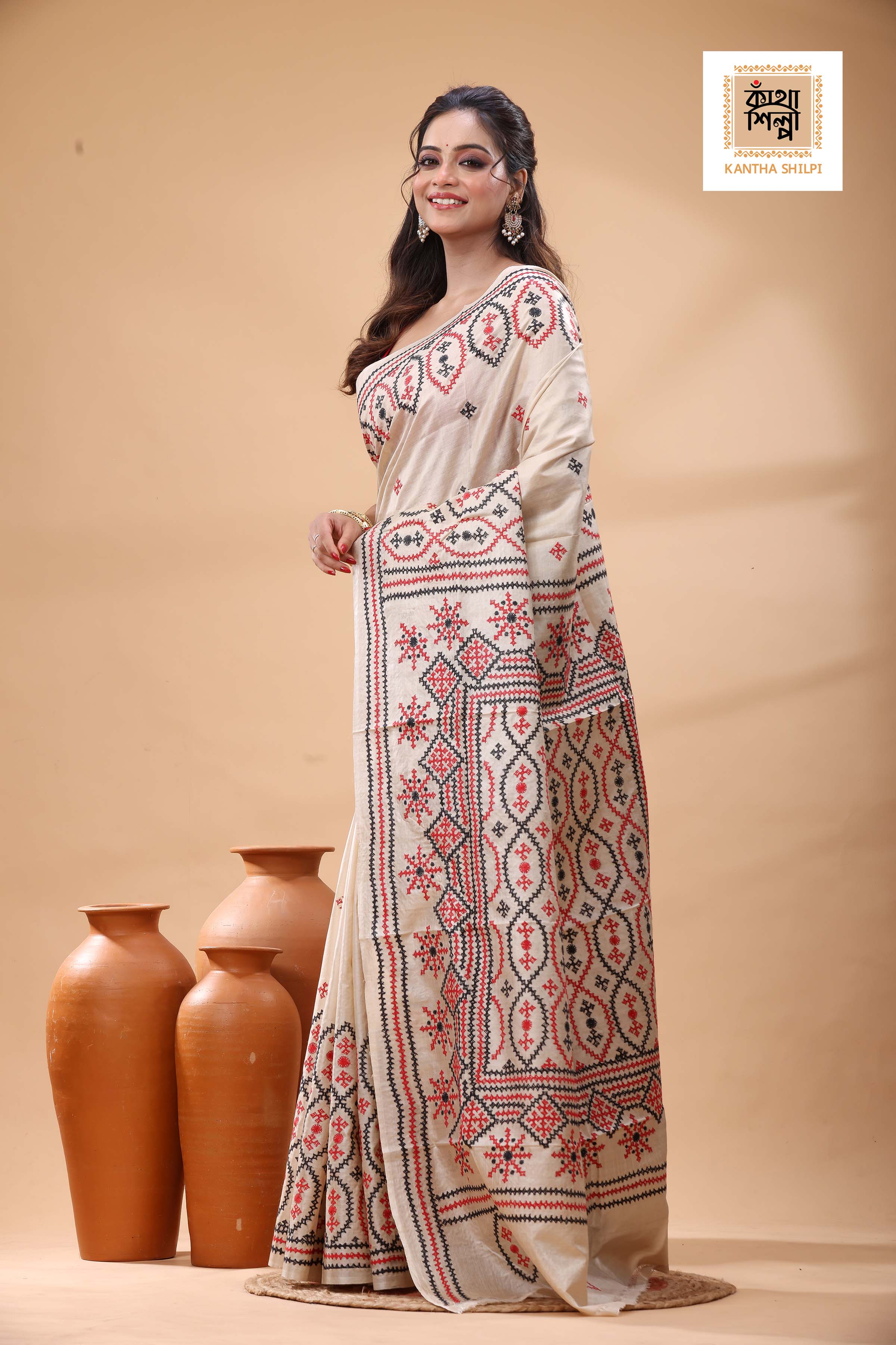 Pure Gachi Tussar with Red Black Thread Work Gujrati Stitch Saree