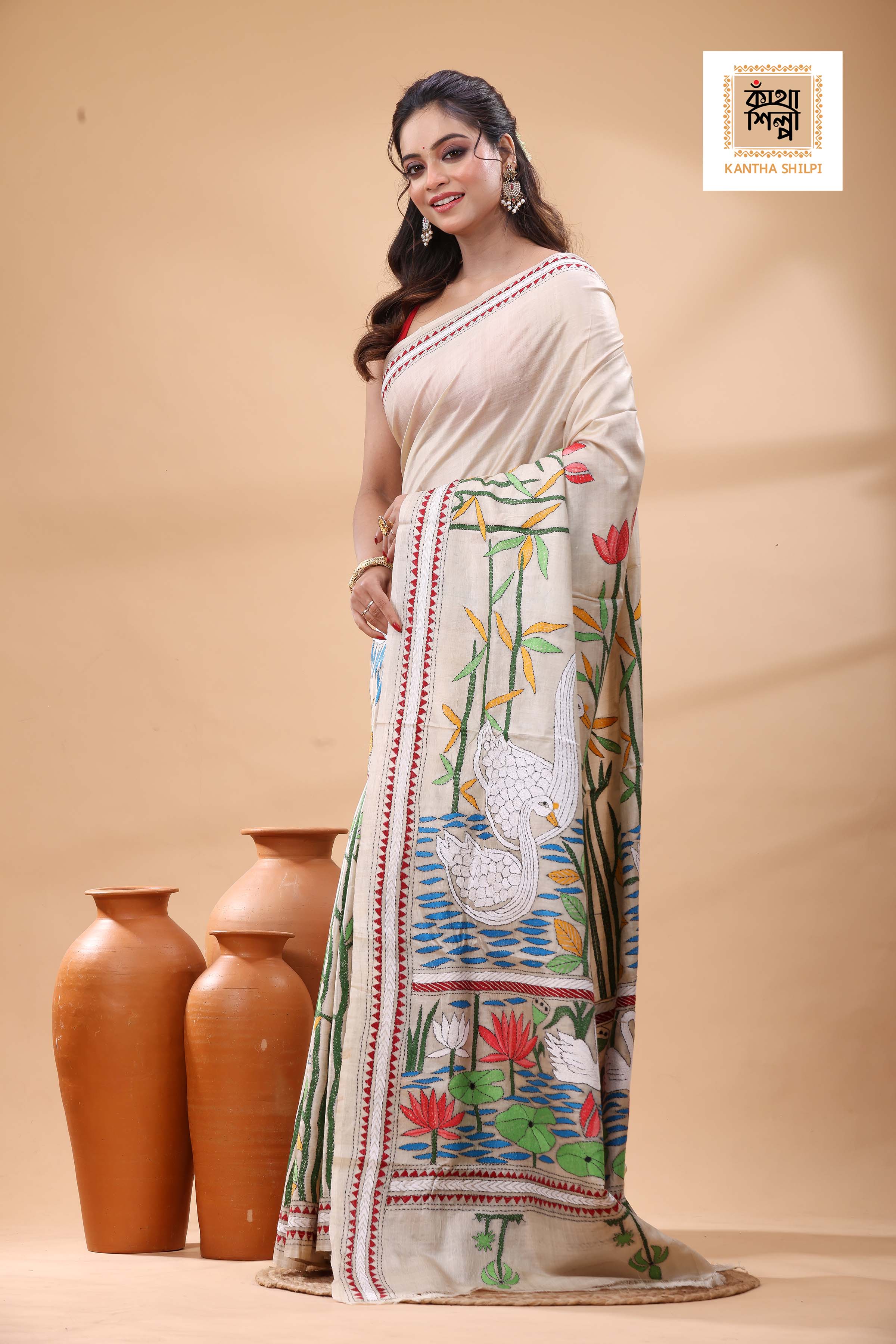 Pure Gachi Tussar Multicolor Thread Work Kantha Stitch Saree