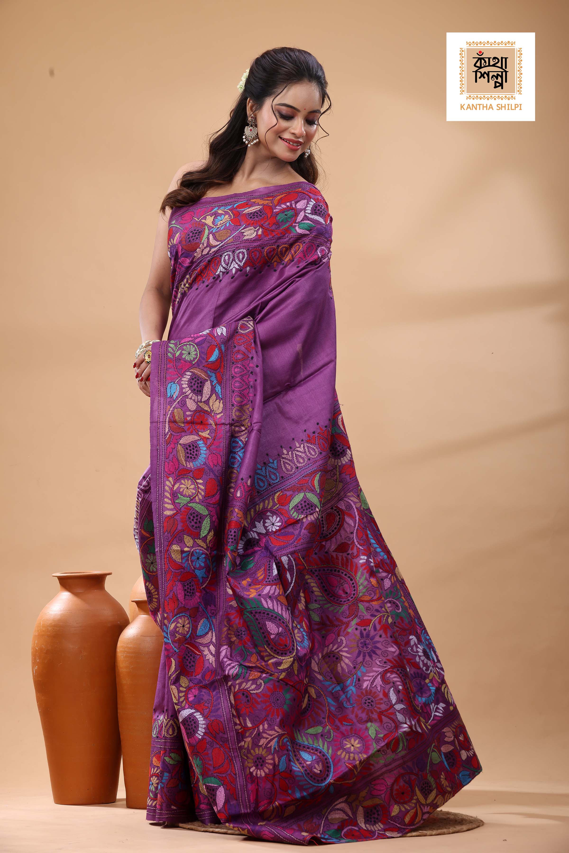 Pure Gachi Dye Tussar Multicolor Thread Work Kantha Stitch Saree