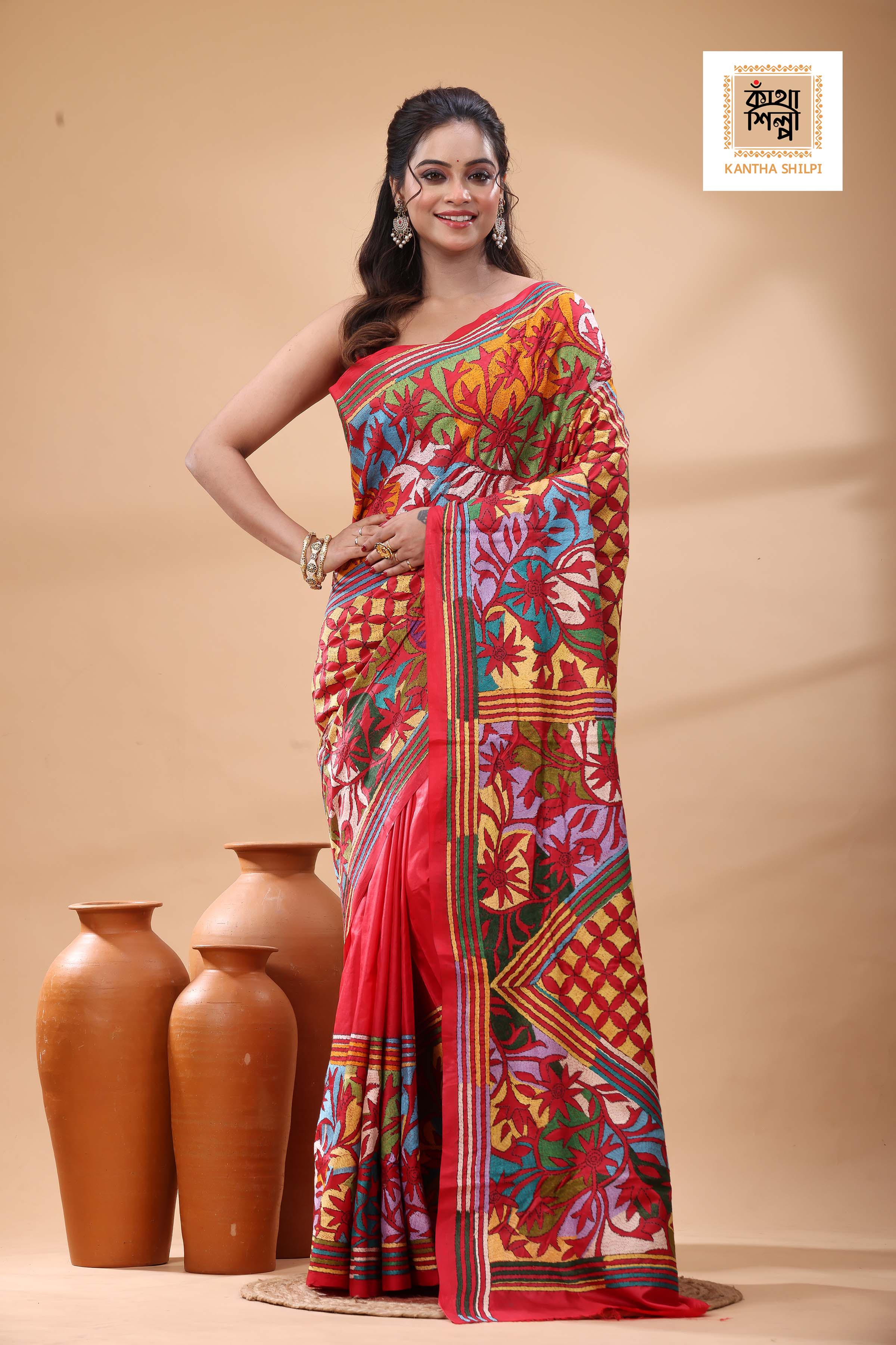 Red Pure Bangalore Silk Multicolor Thread Work Kantha Stitch Saree