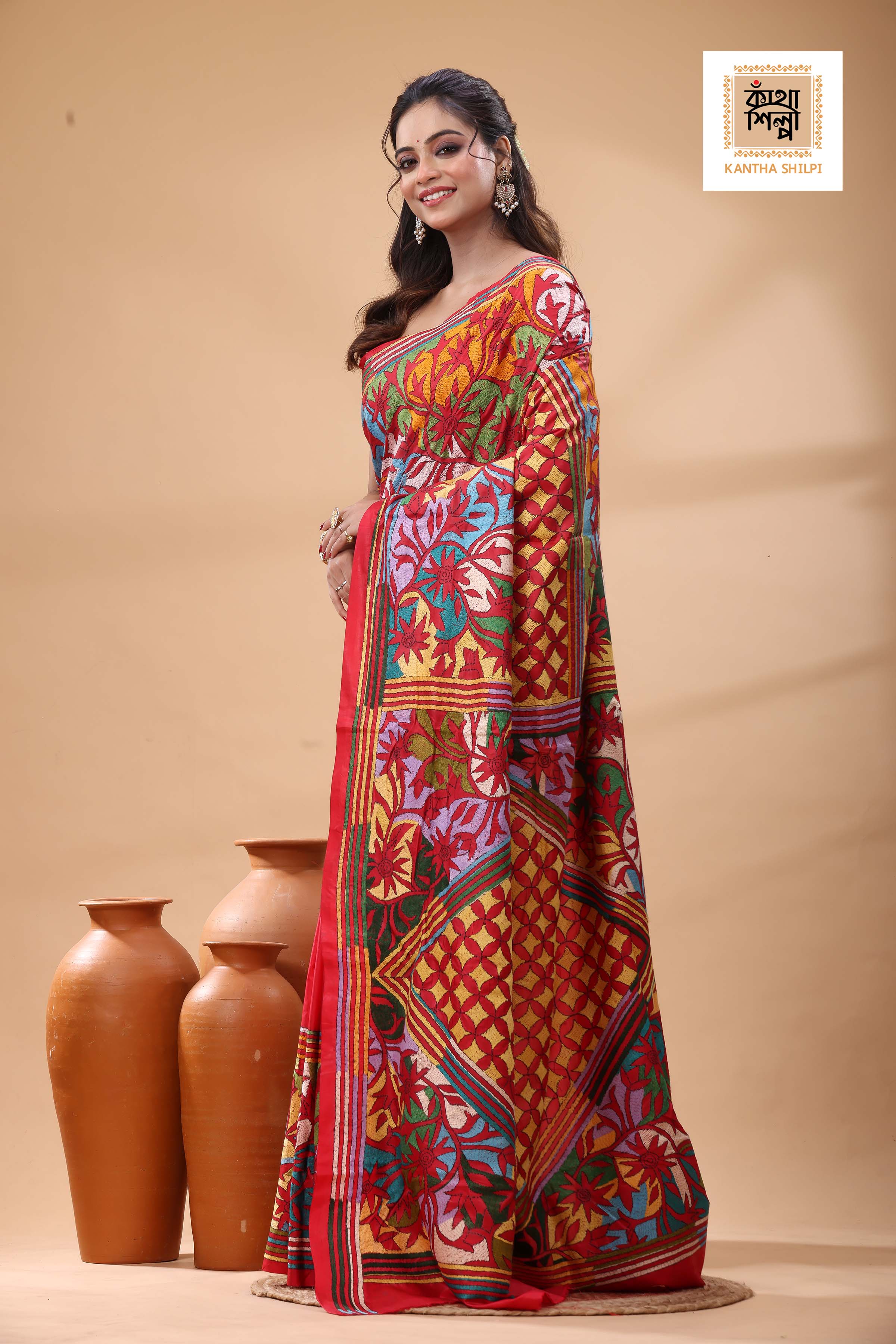 Red Pure Bangalore Silk Multicolor Thread Work Kantha Stitch Saree
