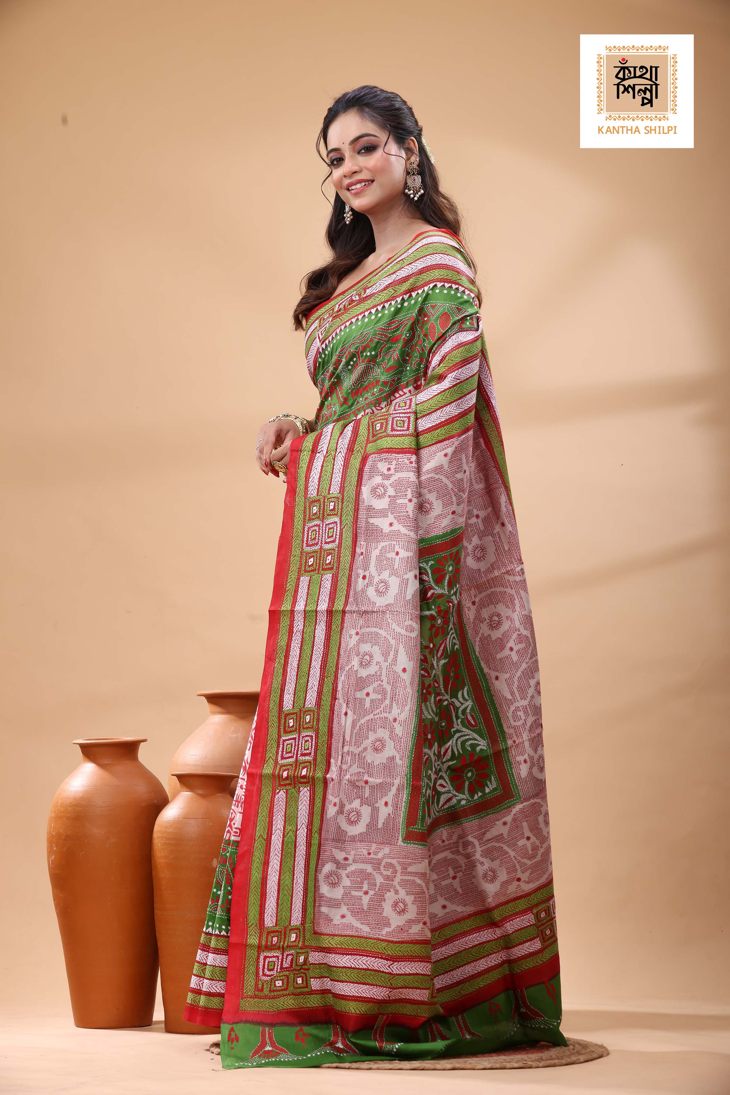 Multicolor Dye Pure Bangalore Silk Multicolor Thread Work Kantha Stitch Saree
