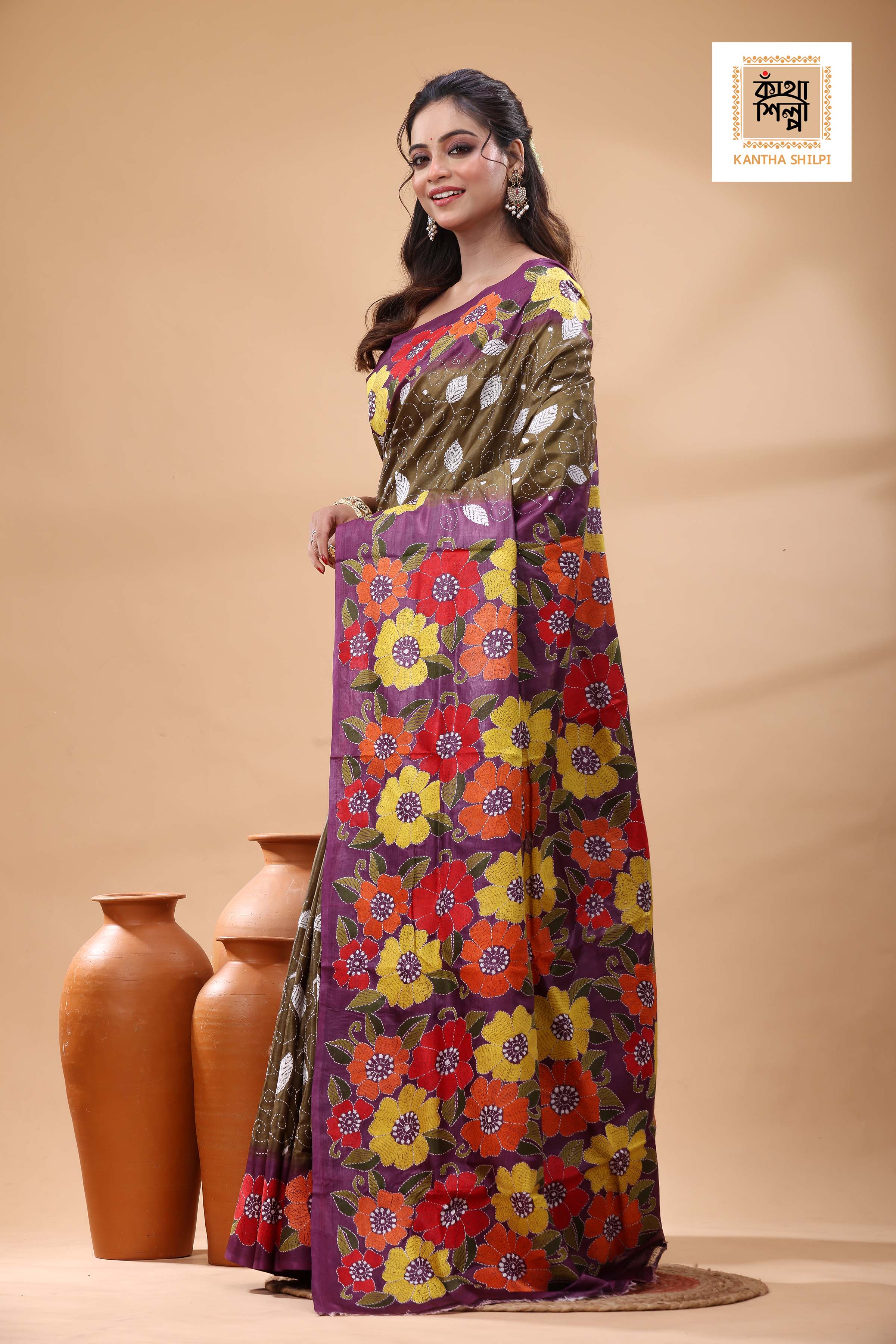 Pure Dye Gachi Tussar Multicolor Thread Work Kantha Stitch Saree