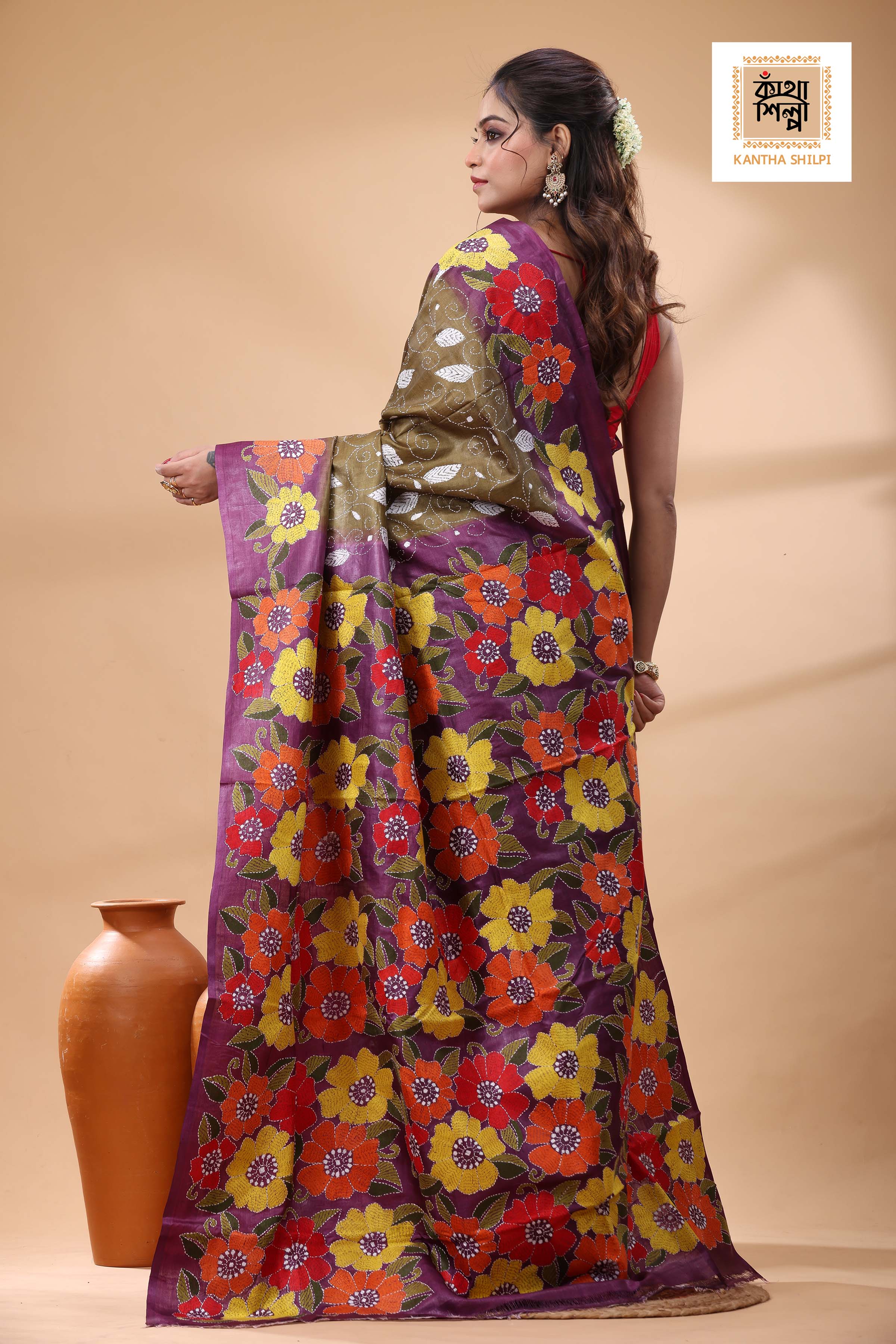 Pure Dye Gachi Tussar Multicolor Thread Work Kantha Stitch Saree