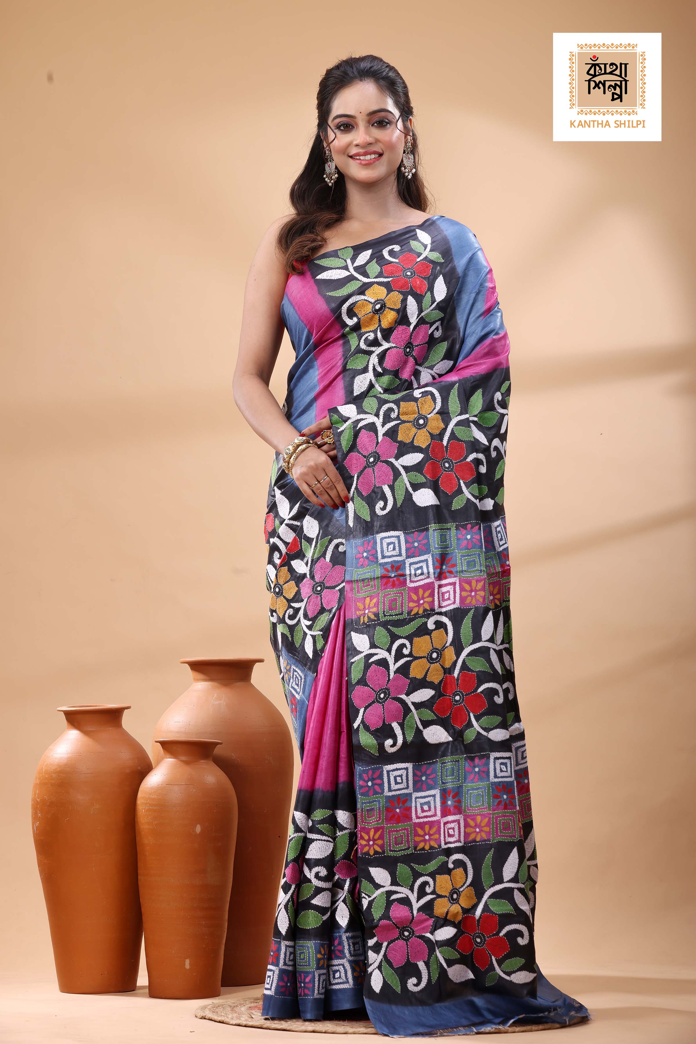 Pure Dye Gachi Tussar Multicolor Thread Work Kantha Stitch Saree